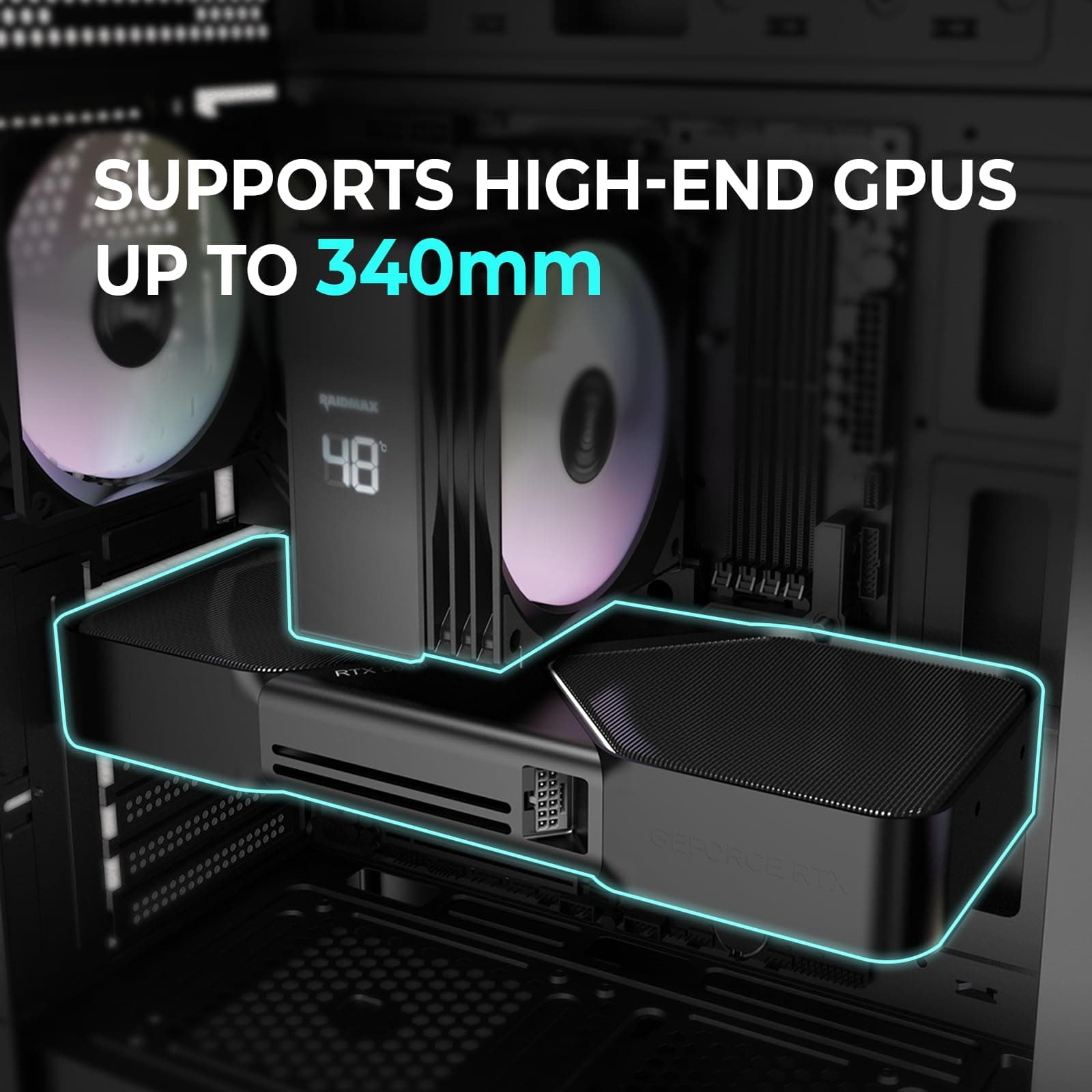 Raidmax I802 Mesh Air Flow Kompaktes Panorama-ATX-Mid-Tower-Gehäuse – 270°-Sicht gehärtetes Glas, 5 x vorinstallierte 120 mm statische RGB-Farblüfter, unterstützt ATX/Micro-ATX-Motherboards, max. 340 Bild 5