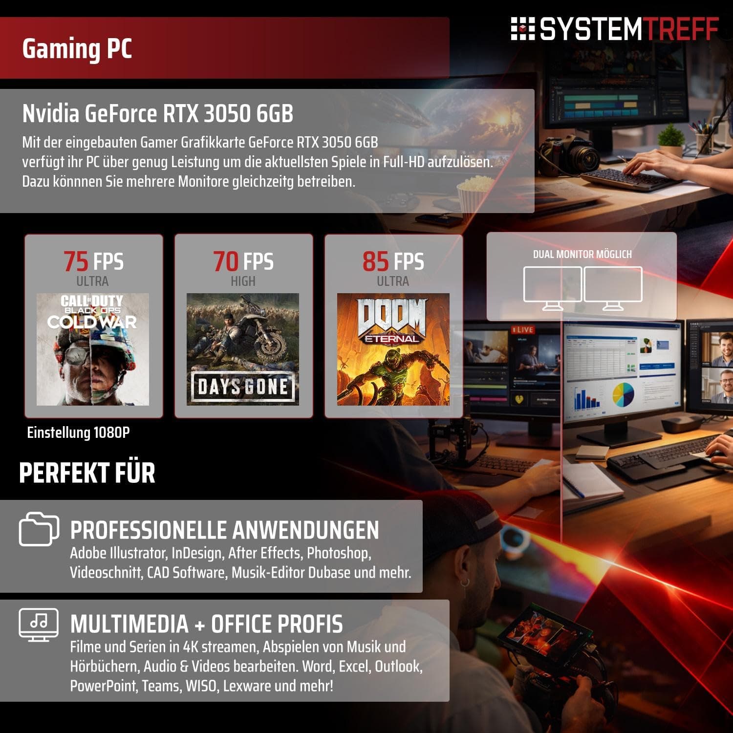 SYSTEMTREFF Basic Gaming PC Intel Core i5-12500 6x4.6GHz | Nvidia RTX 3050 6GB DX12 | 512GB M.2 NVMe | 16GB DDR4 RAM | Windows 11 | WLAN Desktop Computer Rechner für Gamer, Zocker & Streamer Bild 5