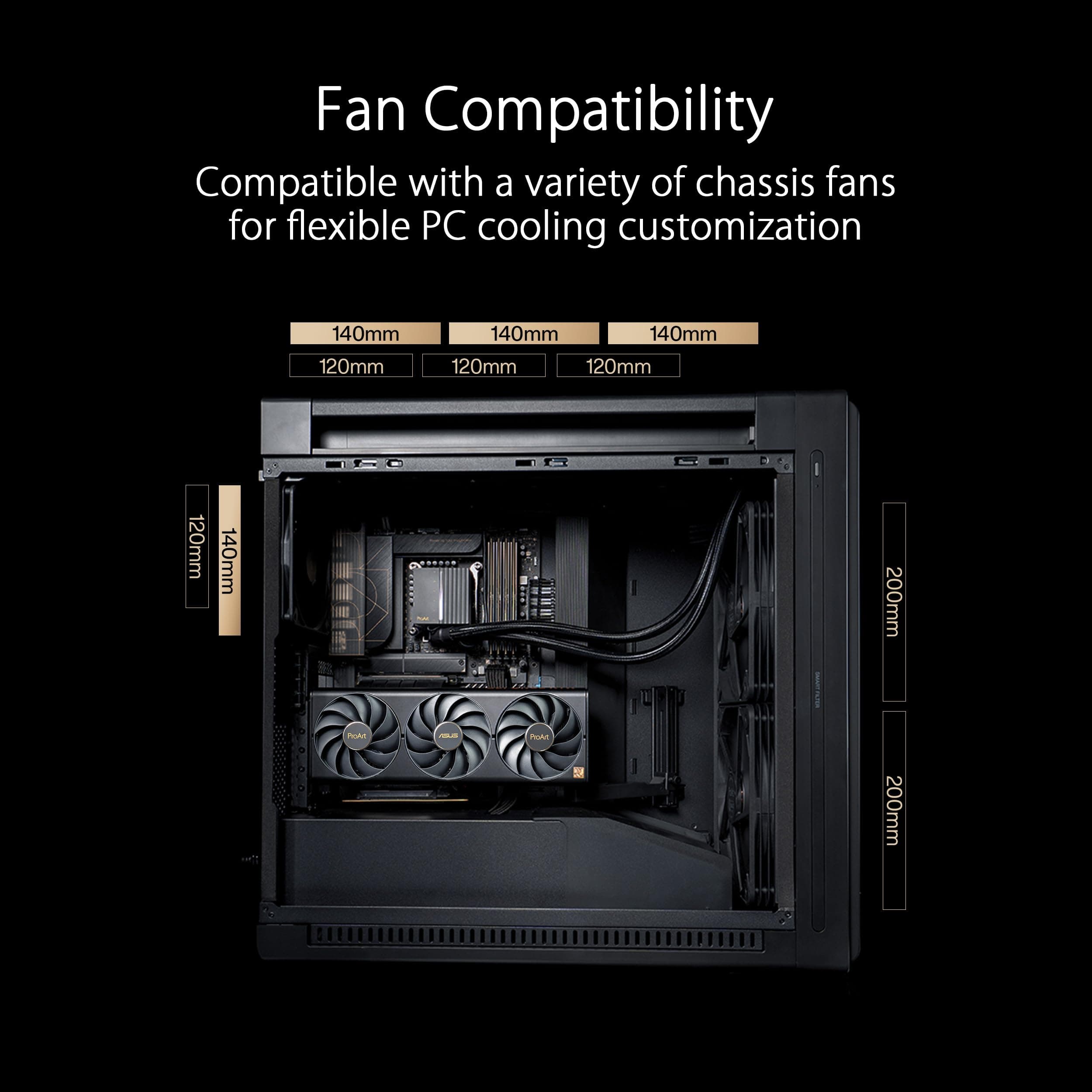 ProArt PA602 E-ATX Computergehäuse, 420 mm Heizkörperunterstützung, zwei 200 mm eingebaute Lüfter, Front-Panel-IR-Staubanzeige, Power-Lock-Verriegelung, werkzeuglose PCIe-Montage und GPU-Halterung, 20 Bild 7