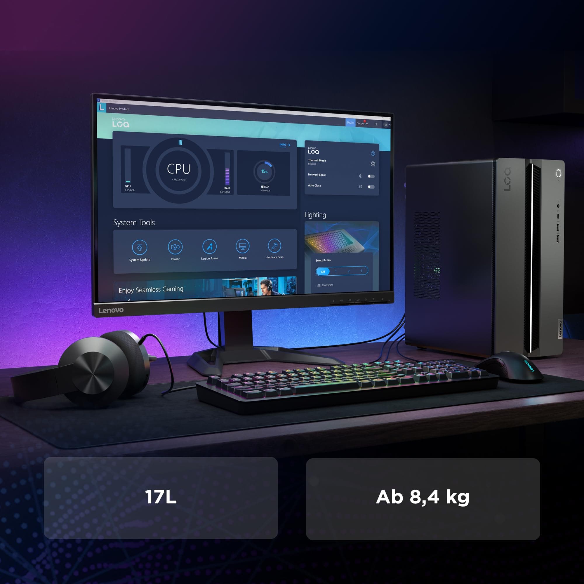 Lenovo LOQ Tower Gaming Desktop-PC | NVIDIA GeForce RTX 5060 | Intel Core i5-14400F |16GB RAM | 1TB SSD | Win11 | Luna Grau - Raven Schwarz | 17L | 3 Monate GamePass | 3 Monate Premium Care Bild 8