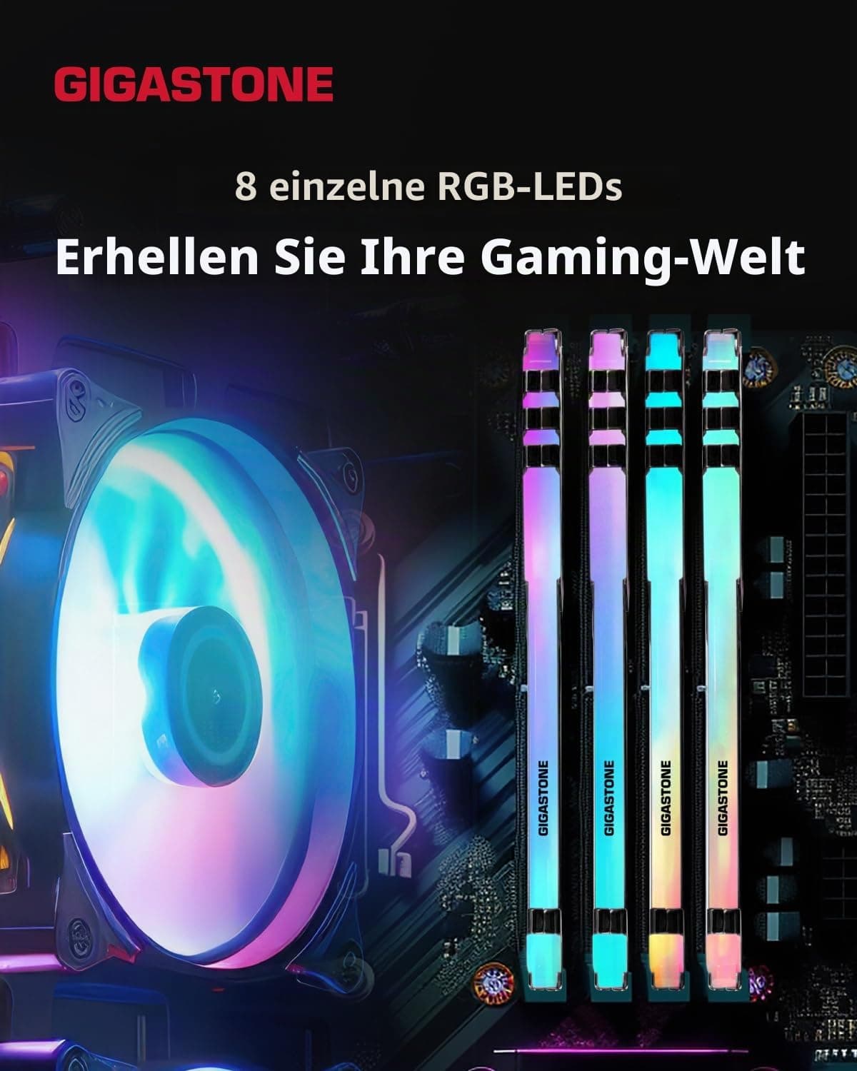 【RGB DDR4 RAM】GIGASTONE Game Turbo 8 GB x 2 (16 GB Kit) DDR4 3600MHz PC4-28800 CL 18-22-22-42 Intel XMP 2.0 AMD Ryzen 1.35V UDIMM 288 Pin Nicht-ECC ungepuffert Desktop hohe Leistung Speicher - Schwarz 2x8GB Schwarz DDR4 3600 MHz für Desktop Bild 5