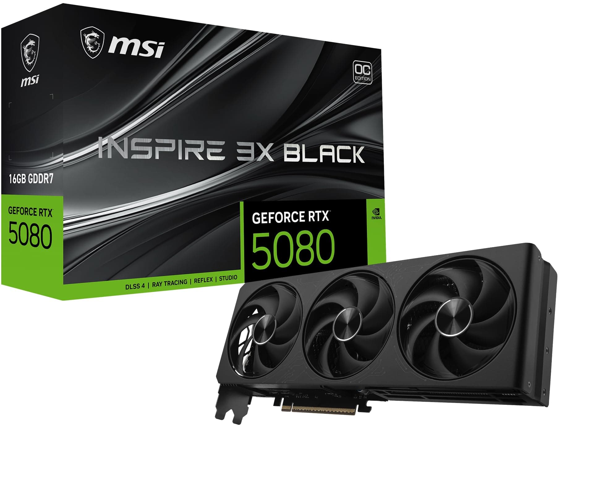 msi Gaming RTX 5080 16G Inspire 3X OC Black Grafikkarte (16GB GDDR7, 256-Bit, Extreme Clock 2655MHz, DisplayPort x 3 2.1a, HDMI 2.1b, NVIDIA Blackwell Architecture)