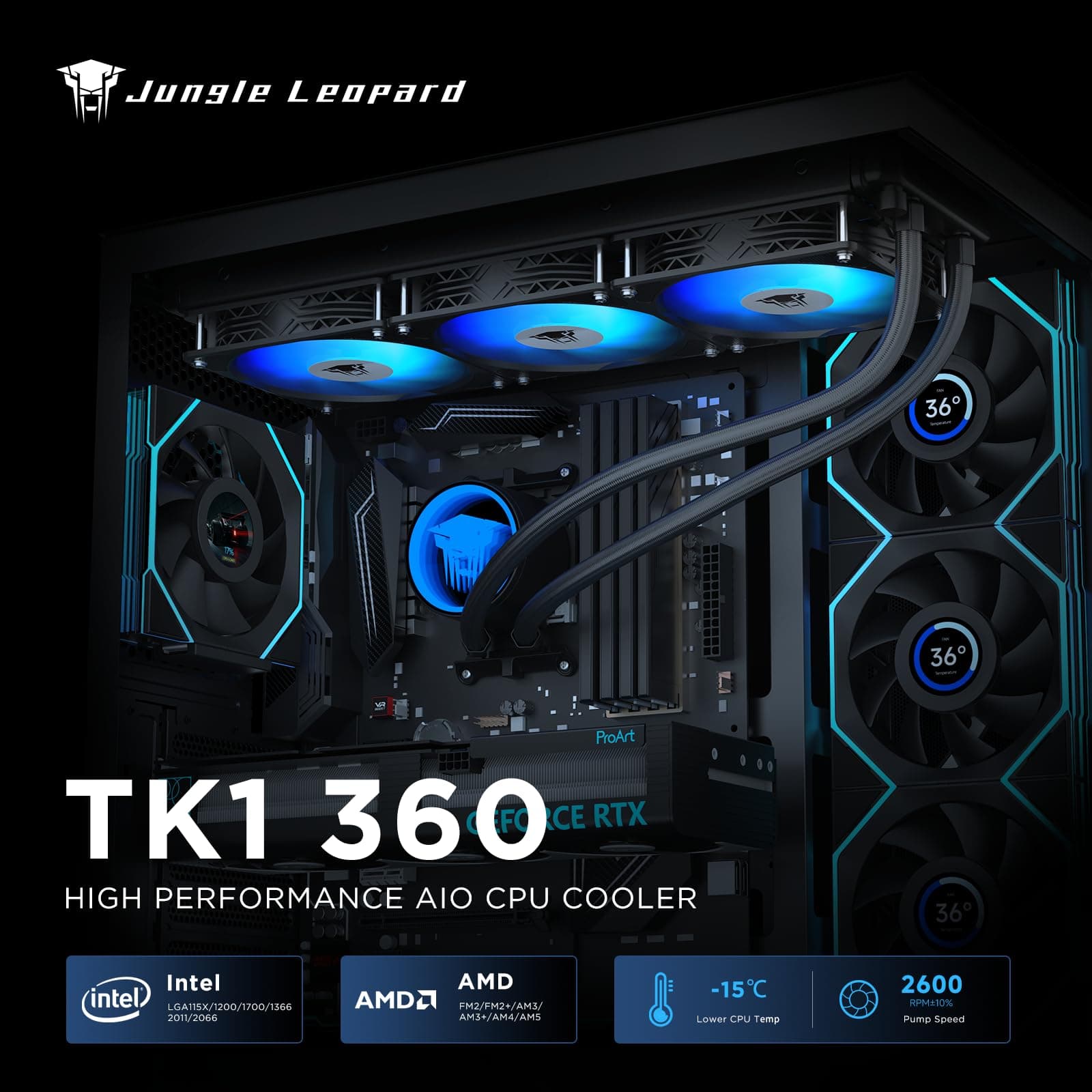 TZMRIT TK1 Farbiges Licht PC Aio Wasserkühlung 360mm CPU Kühler 800-1800RPM PWM Lüfter,Für LGA115X/1200/1700/1366/2011/2066,Für FM2/FM2+/AM3+/AM4/AM5 (360BK) 360 Black Bild 4