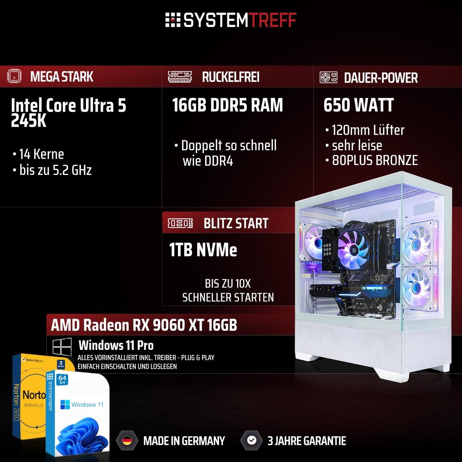 SYSTEMTREFF Gaming PC weiß Intel Core Ultra 5 245K 6x5.2GHz | AMD Radeon RX 9060 XT 16GB DX12 | 1TB M.2 NVMe | 16GB DDR5 RAM | Windows 11 | WLAN Desktop Computer Rechner für Gamer, Zocker & Streamer Bild 2