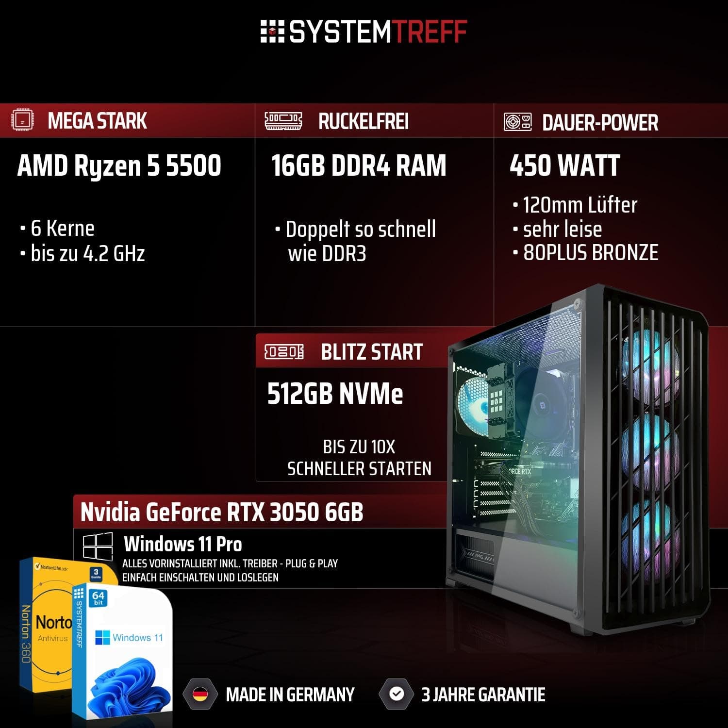 SYSTEMTREFF Basic Gaming PC AMD Ryzen 5 5500 6x4.2GHz | Nvidia RTX 3050 6GB DX12 | 512GB M.2 NVMe | 16GB DDR4 RAM | WLAN Desktop Computer Rechner für Gamer, Zocker Bild 2