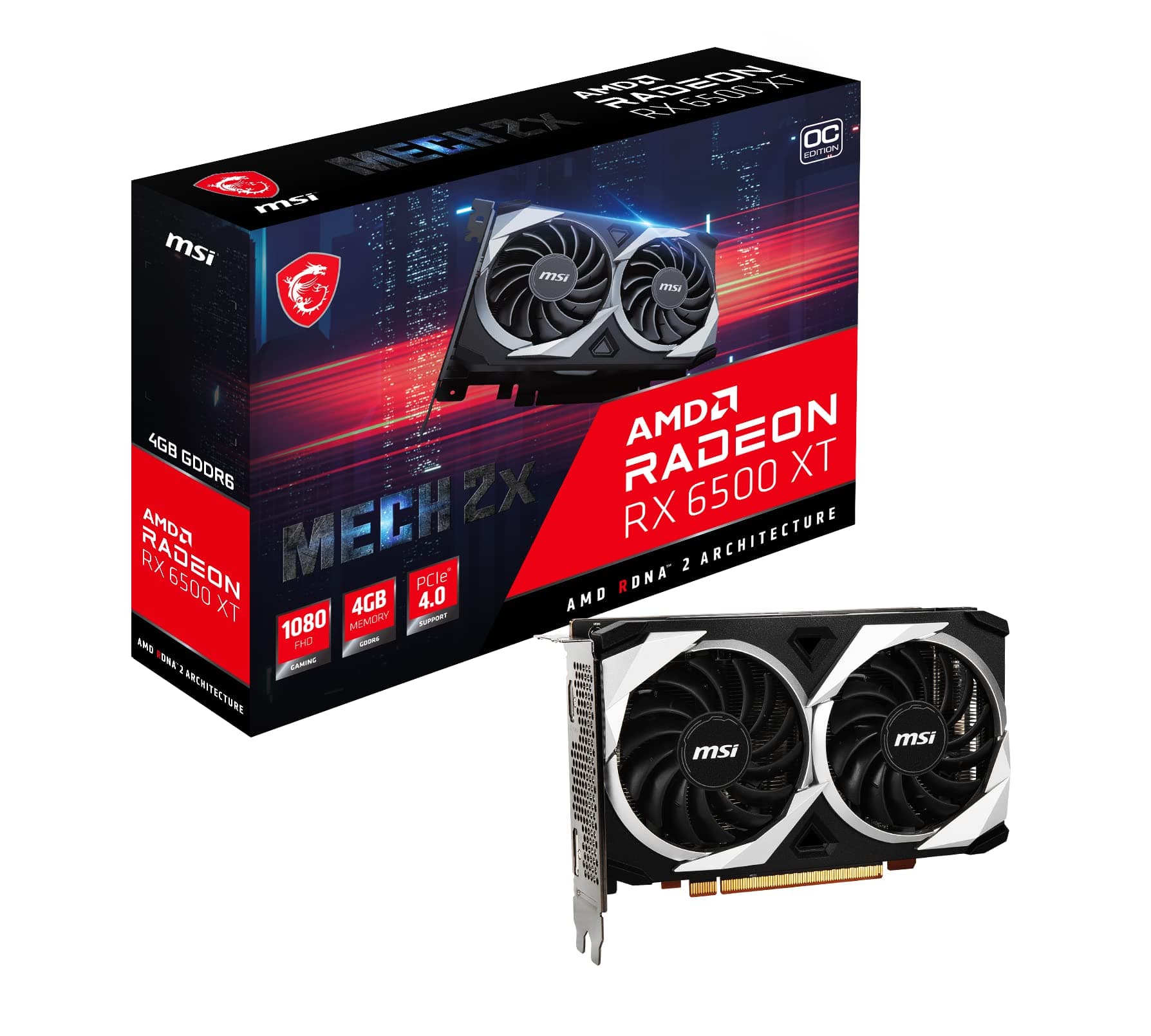 MSI Radeon RX 6500 XT MECH 2X 4G OC Gaming Grafikkarte - GPU 2685/2825 MHz, 4000MB DDR6 Speicher V508-003R Schwarz Radeon RX 6500 XT MECH 2X 4G OC Single