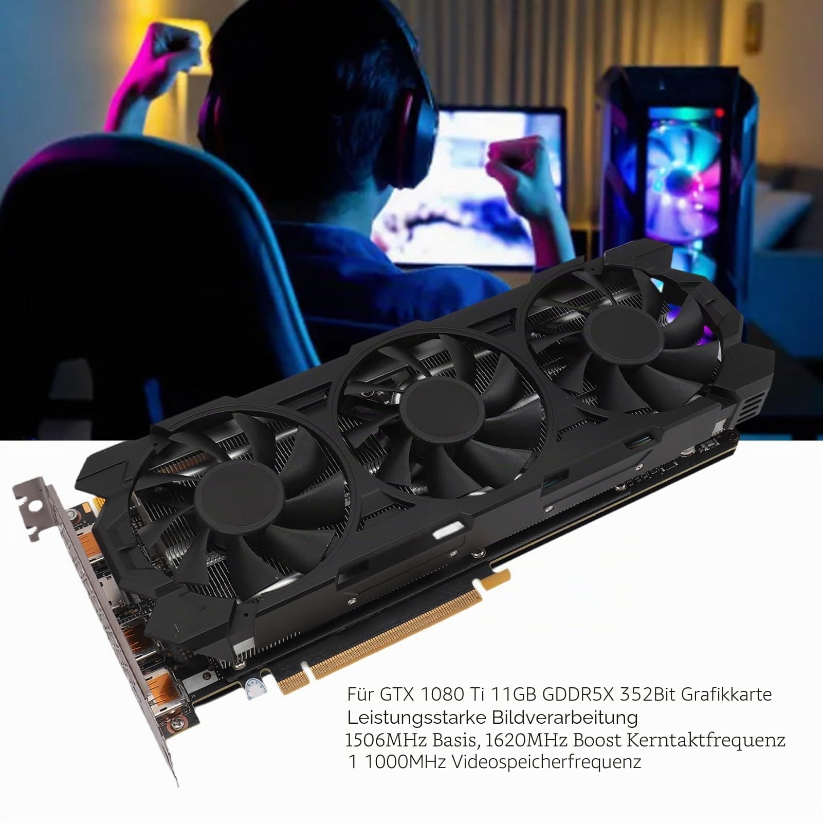 GTX 1080 Ti Grafikkarte, 352 Bit 11 GB GDDR5X 1506/11000 MHz, PCI Express 3.0 Gaming-Grafikkarte, HDMI DP mit DREI Lüftern für Büro- und PC-Gaming Bild 3