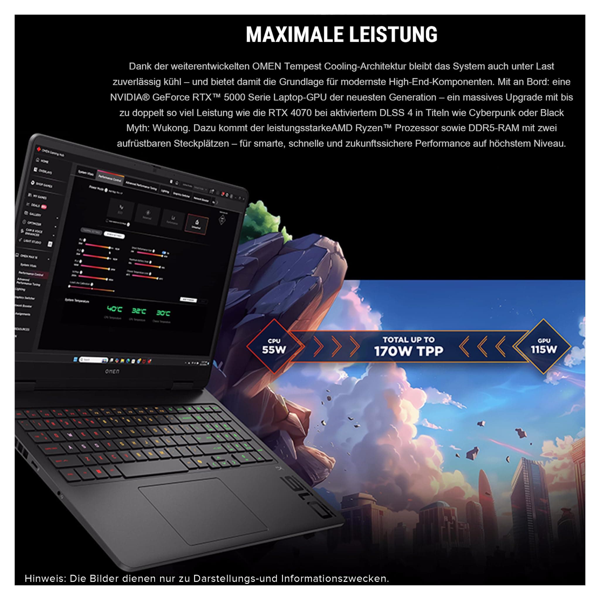 HP Omen 16 Gaming Laptop, AMD Ryzen 9-8940HX, 64 GB DDR5 RAM, 2 TB PCIe SSD, 16" (1920x1200) IPS 144Hz Display, Nvidia G-Force RTX 5060, 4-Zone RGB QWERTZ Tastatur, Windows 11 Pro, Shadow Black 64 GB RAM | 2 TB SSD Windows 11 Pro Bild 6