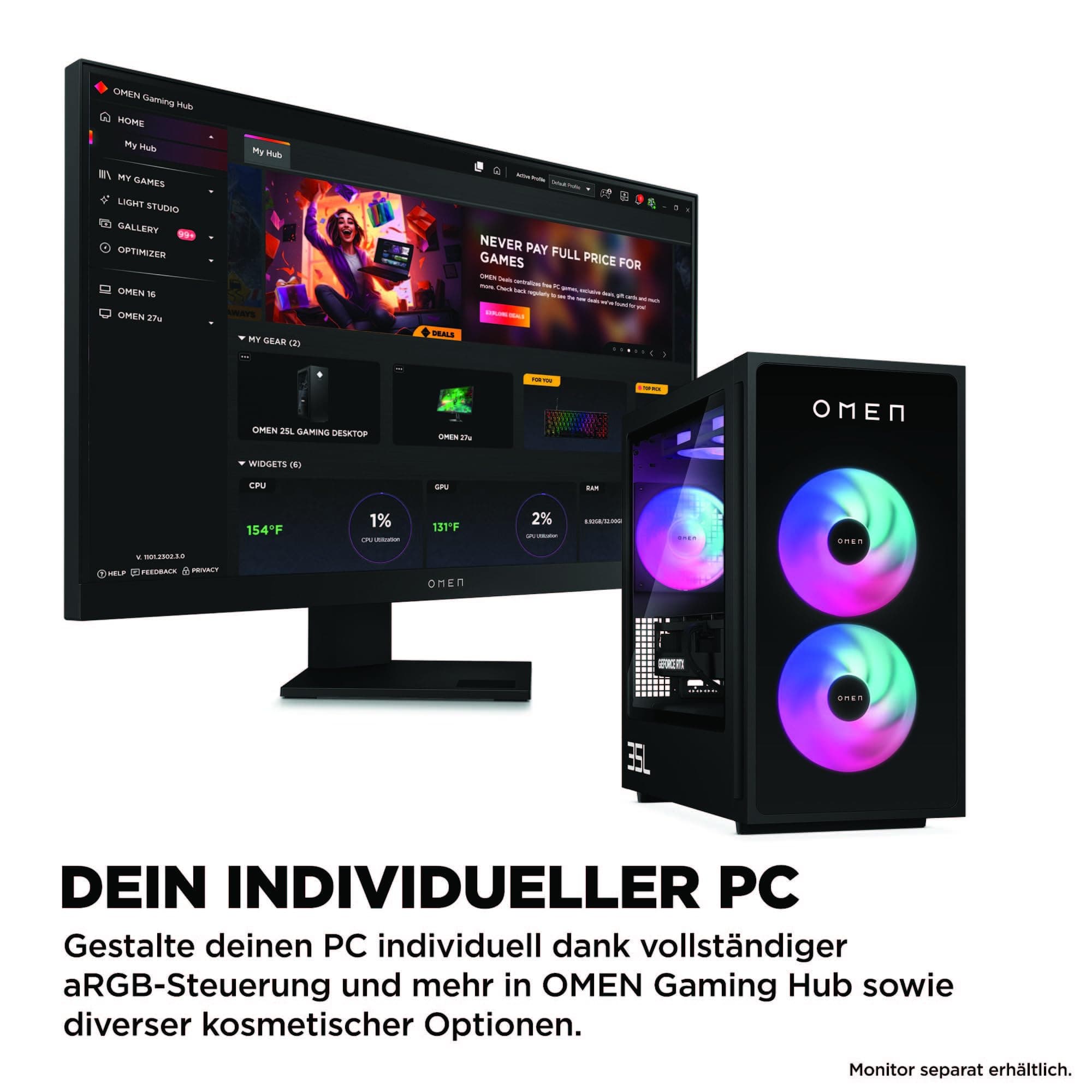 HP Omen GT16-0273ng 35L Gaming Desktop PC, Intel Core i7 i7-14700F, 32GB DDR5-SDRAM, 1 TB SSD, NVIDIA GeForce RTX 4060 Ti, Tower PC, Windows 11 Home, Schwarzes Metall mit Glas Blende Intel Core i7 i7-14700F NVIDIA GeForce RTX 4060 Ti Bild 6
