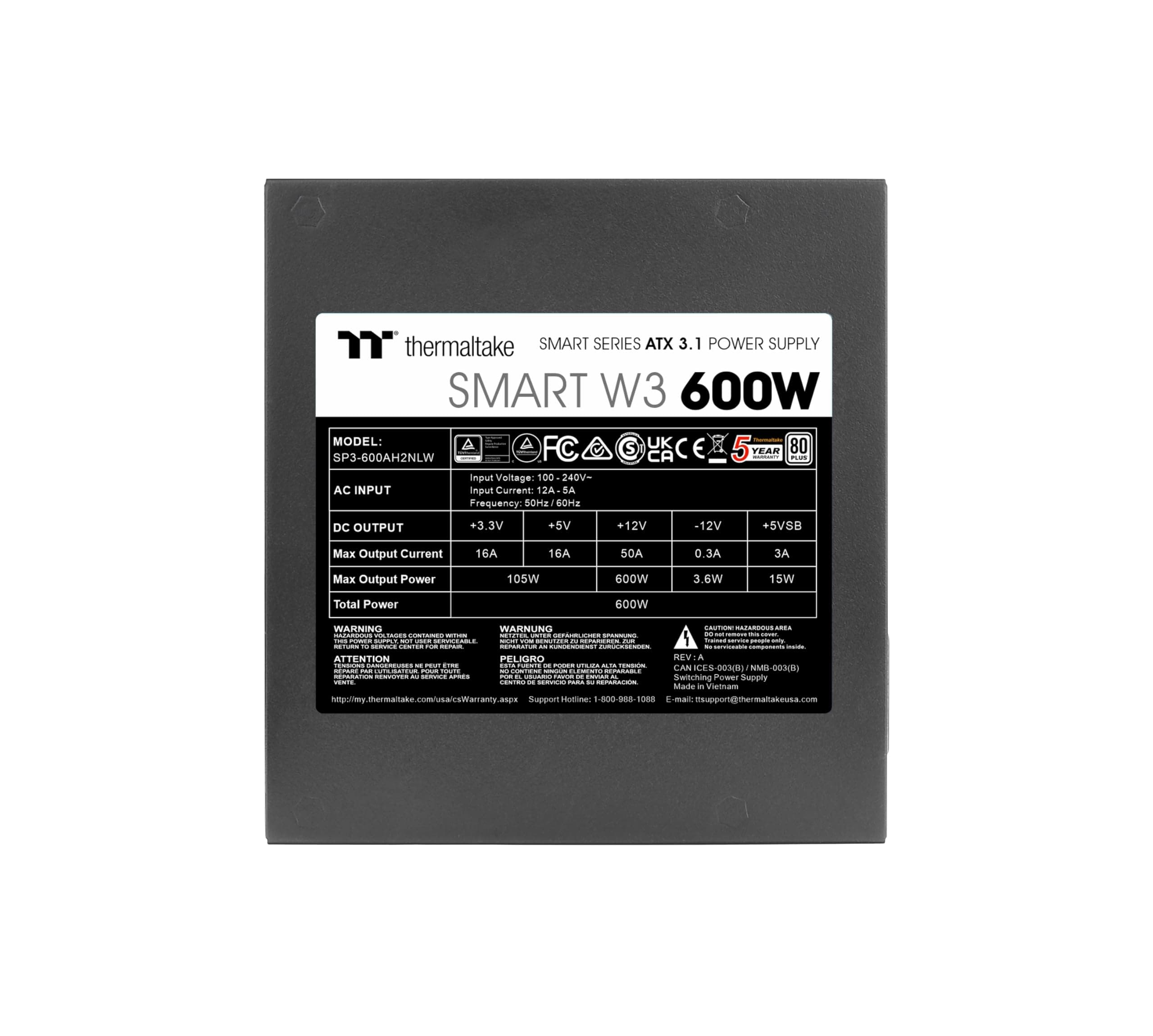 Thermaltake Smart W3 600W | ATX | ATX 3.1 Ready | 80 Plus | sehr leise | 120mm FDB Lüfter | Single Rail +12V | DC DC Design | Schutzschaltungen OCP OVP UVP OPP SCP OTP | 5 Jahre Garantie Bild 7