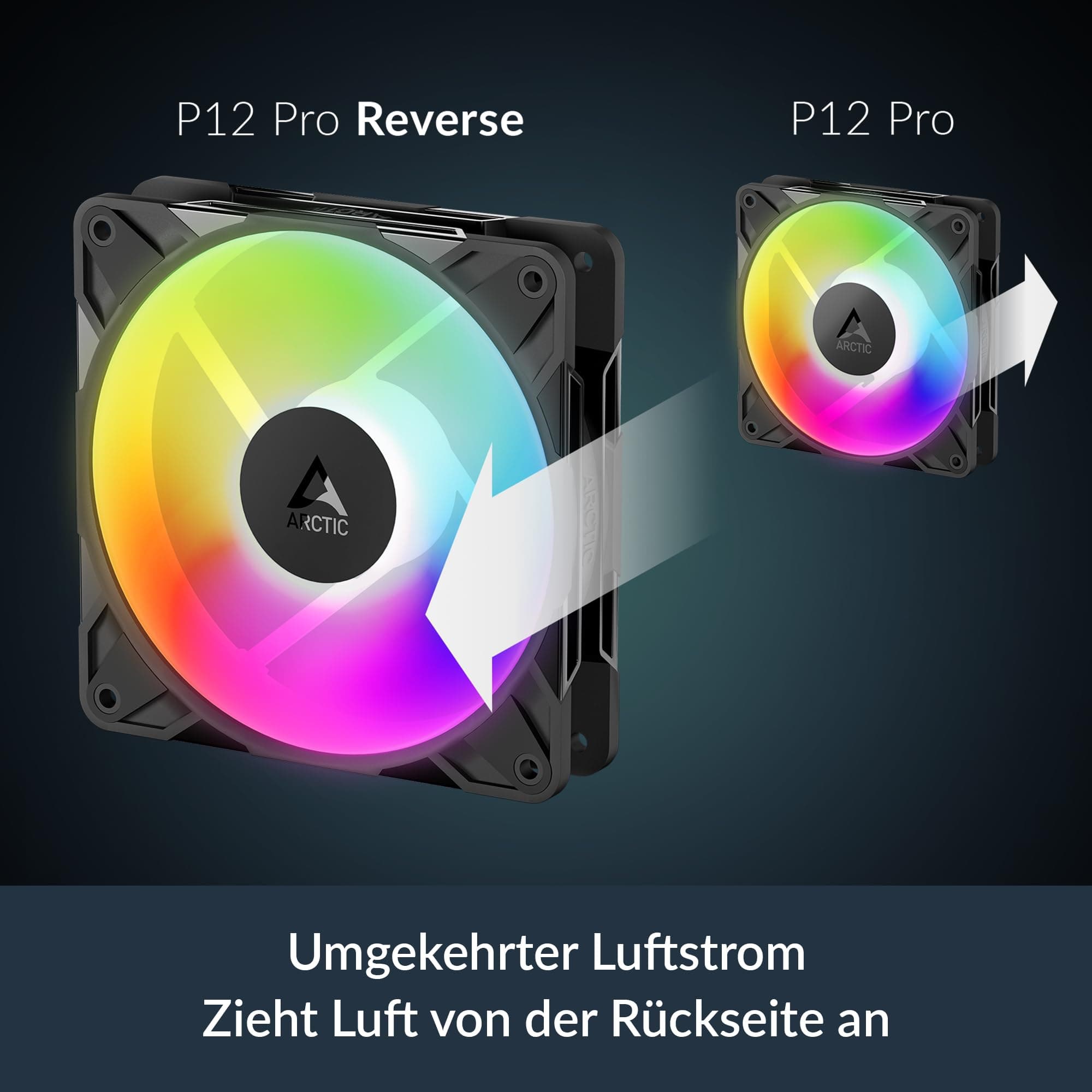 ARCTIC P12 Pro Reverse A-RGB – 3 Pack – 120 mm Premium-Lüfter mit Reverse Airflow, PWM-Lüfter mit Y-Kabelsplitter, 500-3000 rpm, 0 rpm <5% PWM, 5V Digital RGB, Hydrodyn. Gleitlager, 4-Pin - Schwarz Bild 5