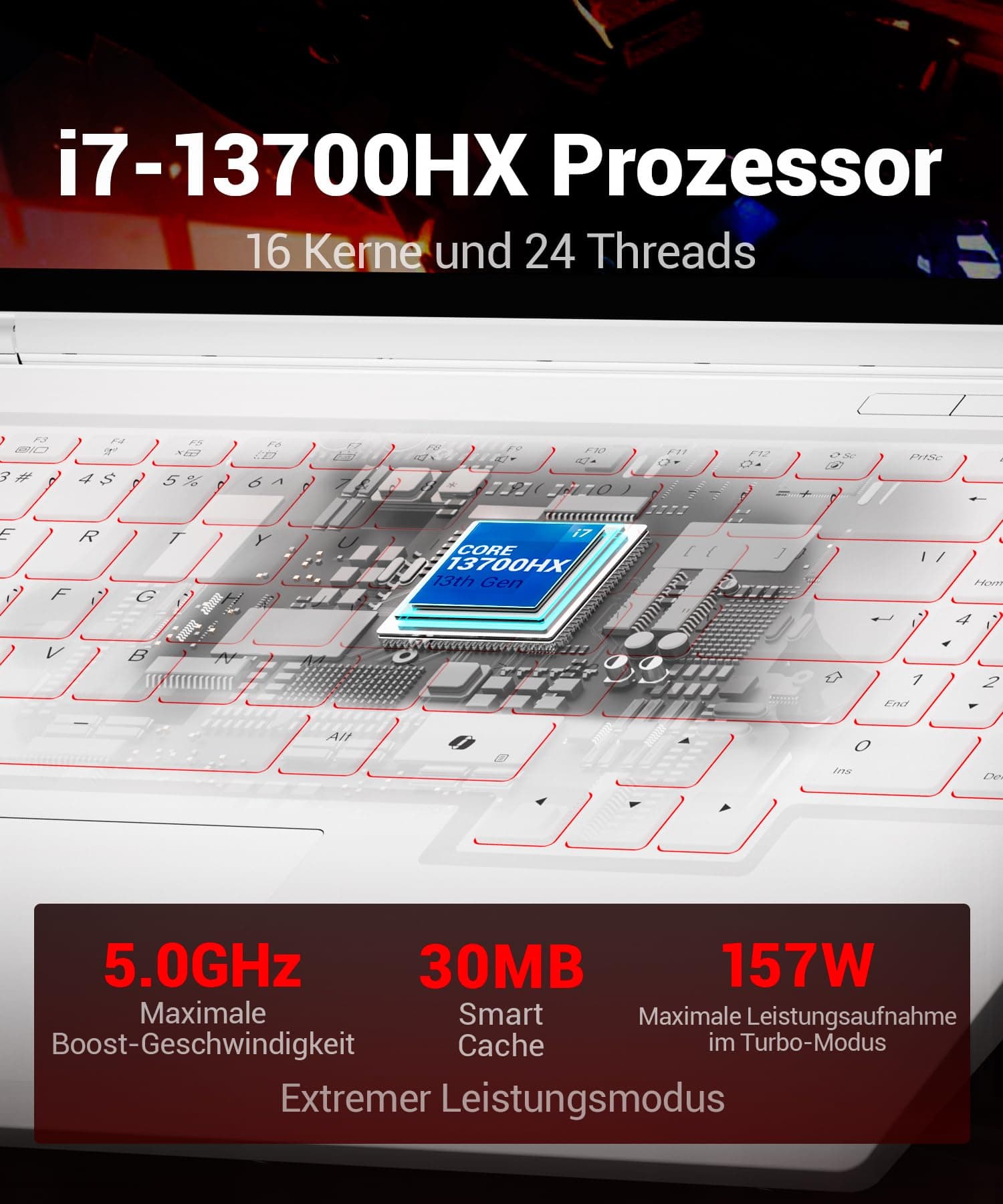 Gaming Laptop, 16'' QHD 300Hz (2560x1600) 2,5K, Core i7-13700HX, RTX 5060, 16GB DDR5 RAM, 1TB PCIe 4.0 SSD, 500nits, Wi-Fi 6E, BT5.3, Metall, Backlit, Weiß, Für Gamer & Content Creator Bild 8
