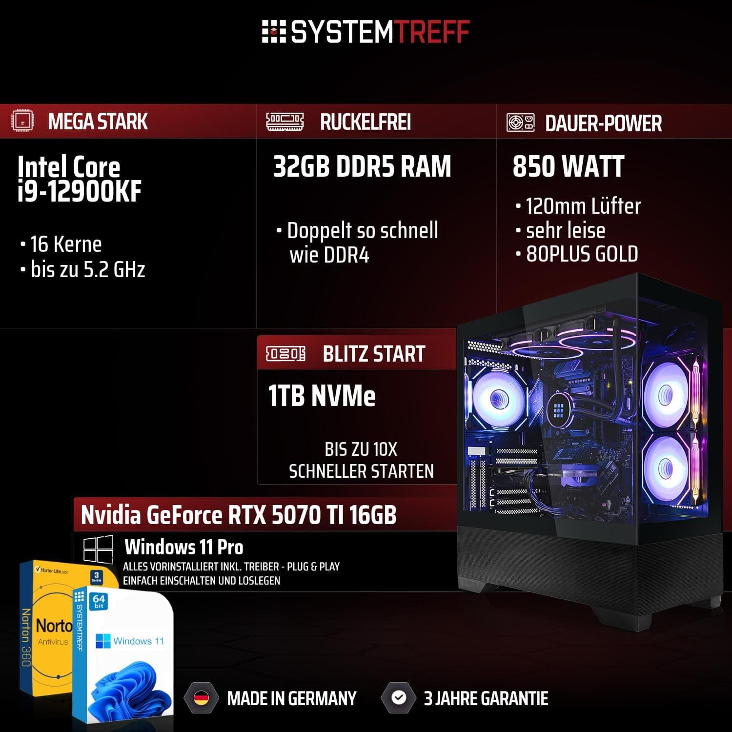 SYSTEMTREFF High-End Gaming PC Intel Core i9-12900KF 8x5.2GHz | Nvidia RTX 5070 TI 16GB | 1TB M.2 NVMe | 32GB DDR5 RAM | Windows 11 | Desktop Computer Rechner für Gamer, Zocker & Streamer Bild 2