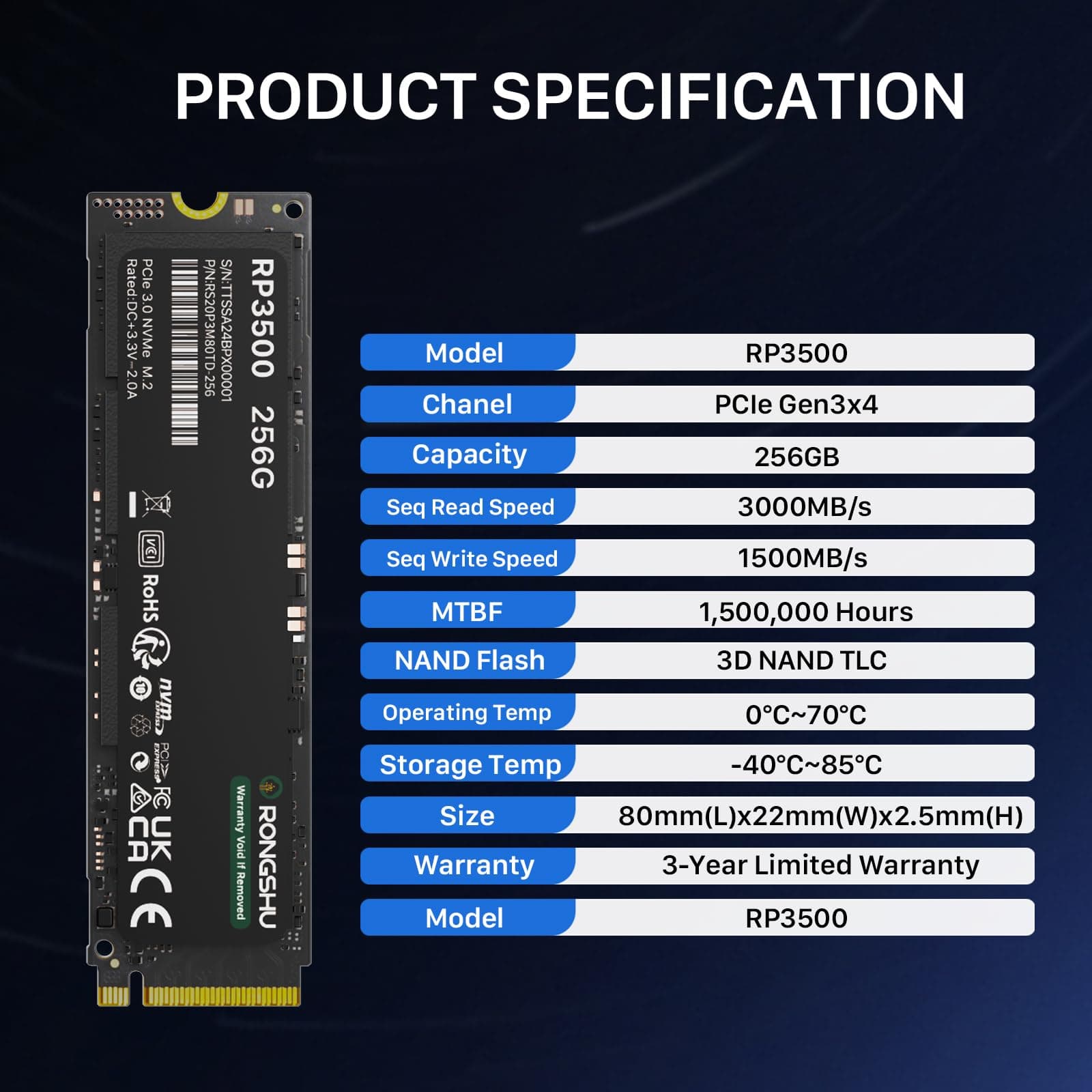 256GB NVMe SSD M.2 PCIe Gen 3×4, 3.000 MB/s Lesen, 1500MB/s Schreiben, M.2 2280 Internes Soild State Drive, SLC Cache 3D NAND TLC Kompatibel mit Laptop und PC Desktops (RP3500) Bild 7