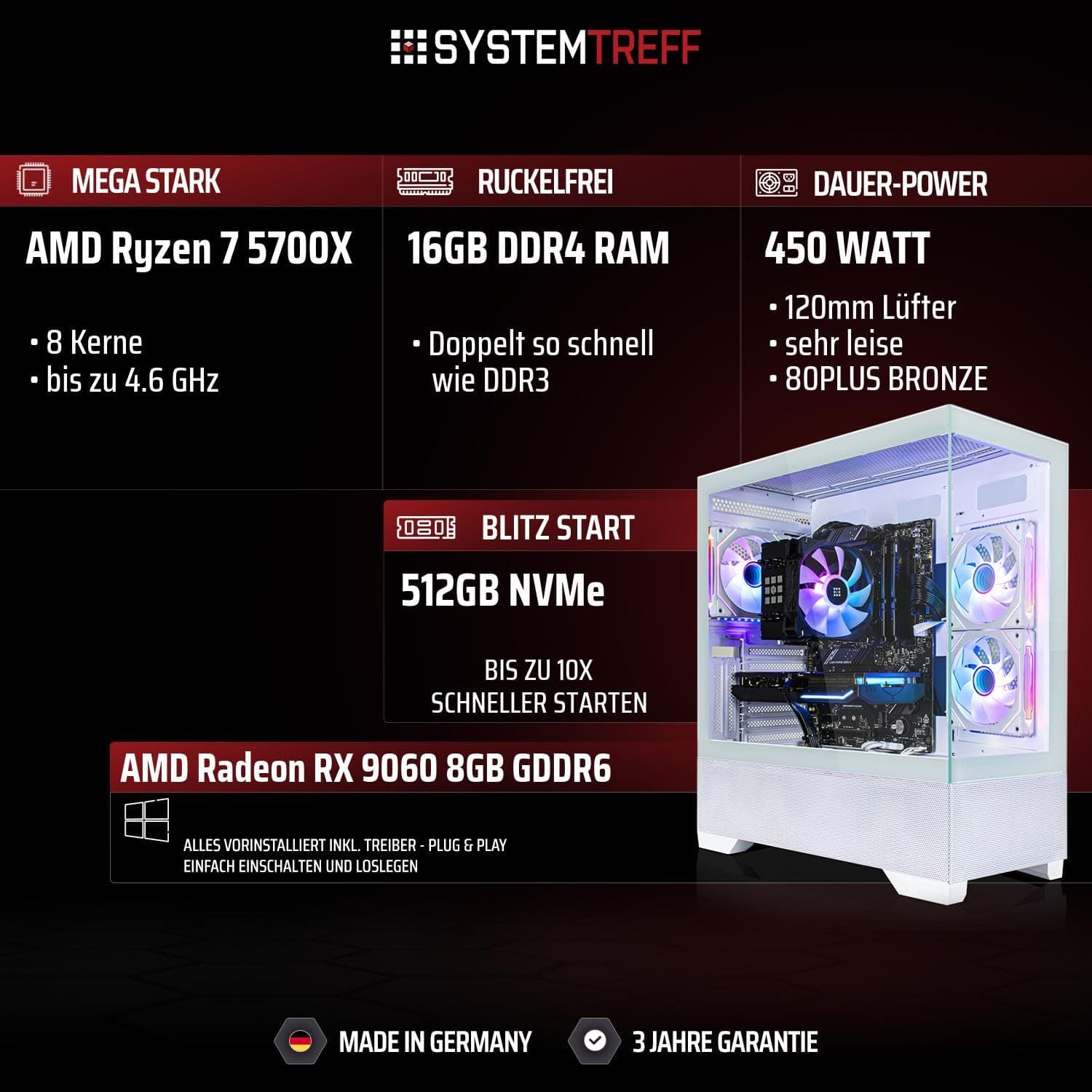 SYSTEMTREFF Gaming PC weiß AMD Ryzen 7 5700X 8x4.6GHz | AMD Radeon RX 9060 8GB DX12 | 512GB M.2 NVMe | 16GB DDR4 RAM | WLAN Desktop Computer Rechner für Gamer, Zocker & Streamer Bild 2