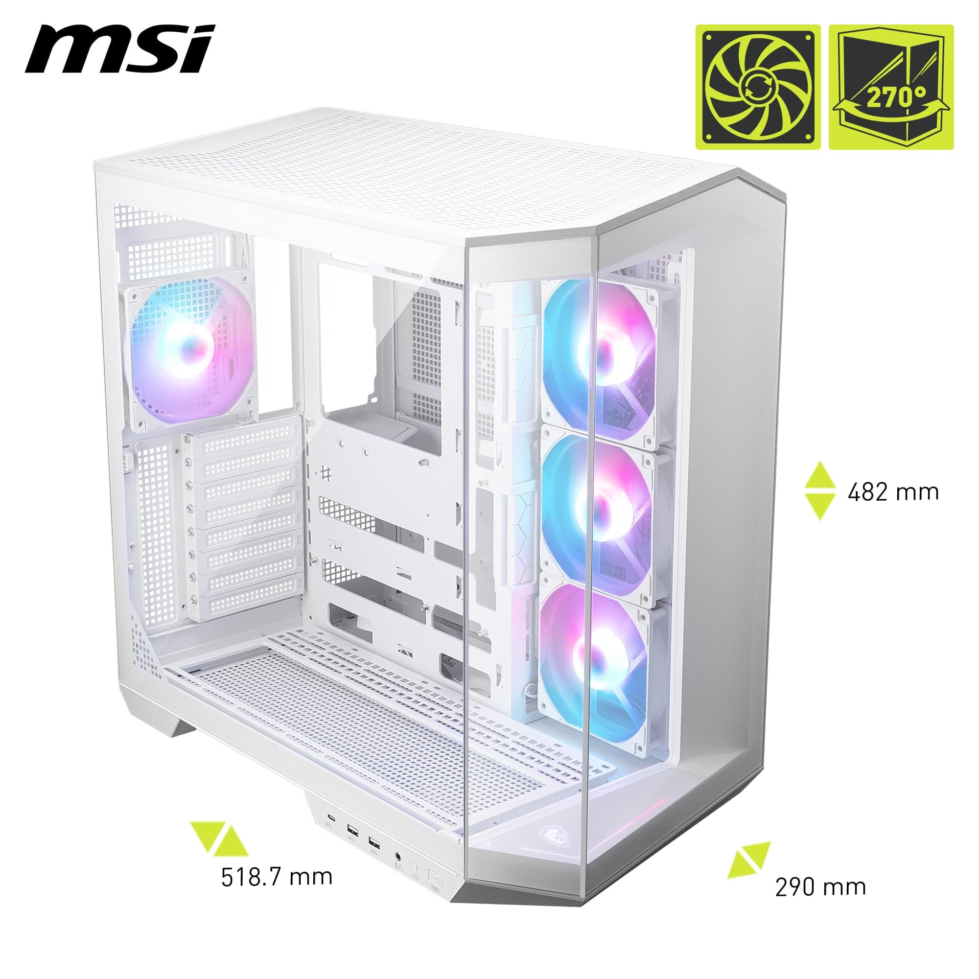 MSI MAG PANO 100R PZ Weiß ATX PC-Gehäuse - ATX-Kapazität & Back-Connect Mainboard Unterstützung, Vertikale GPU-Halterung, GPU-Halterung, Staubfilter, Doppelkammer, USB 20Gbps Typ-C Bild 3