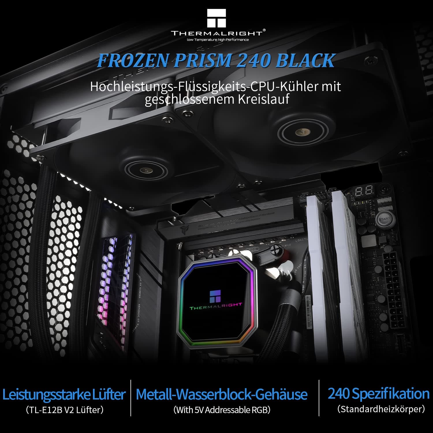 Thermalright Frozen Prism 240 Schwarz CPU Wasserkühler mit zwei PWM-Lüftern, Wasserpumpe Drehzahl ist 3300RPM, S-FDB Lager, für AMD AM4/AM5, Intel LGA1150/1151/1200/1700/1851/2011 (Schwarz) Bild 3