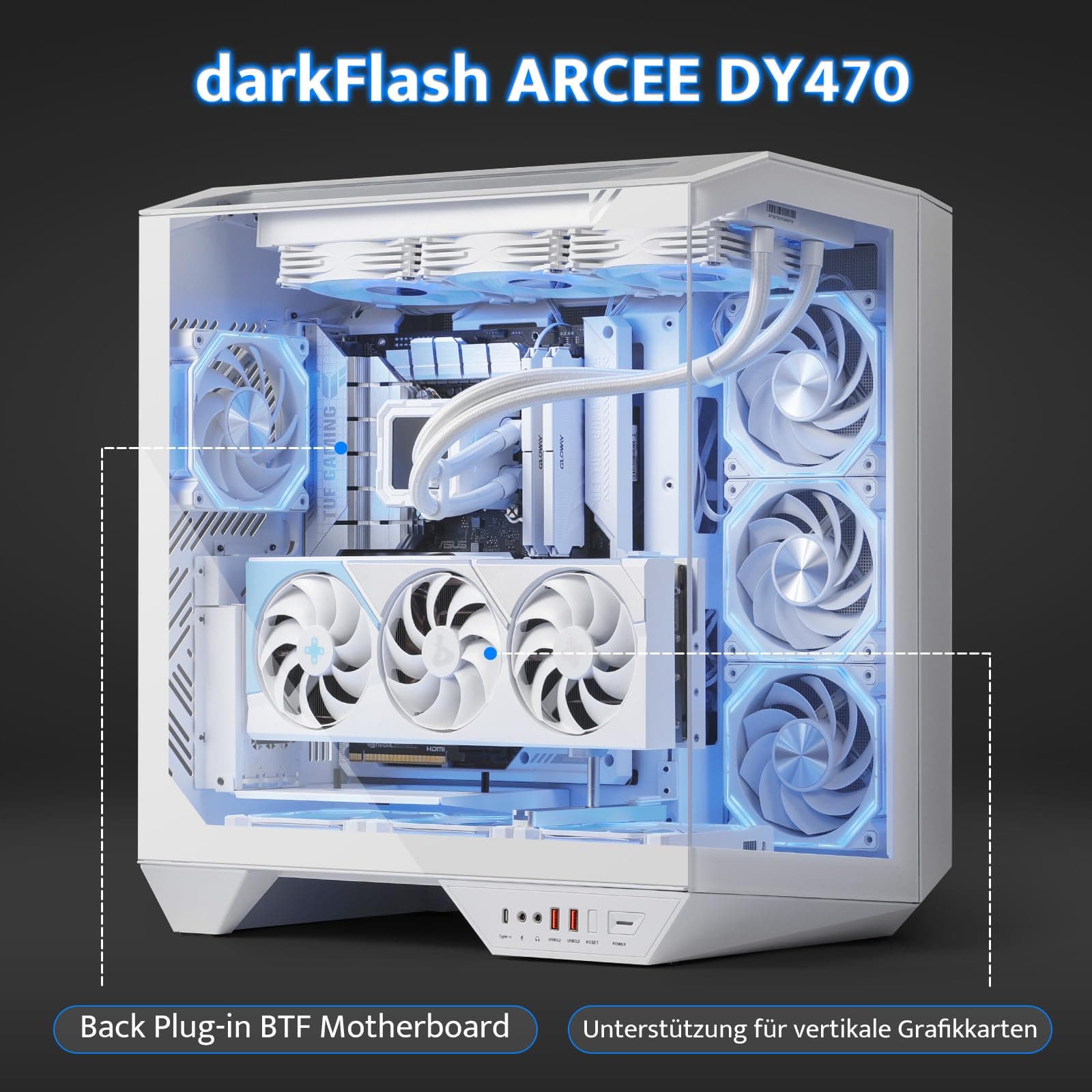 darkFlash Full-Tower ATX Gaming-PC-Gehäuse, Rückseitig Einsteckbares Motherboard, Zwei Kammern, Panorama-Glas, bis zu 2 x 360 mm Radiatoren, RTX 40-Kompatibel (DY470) (1 PWM-ARGB-Lüfter, Weiß) Weiß 1 PWM-ARGB-Lüfter Bild 7
