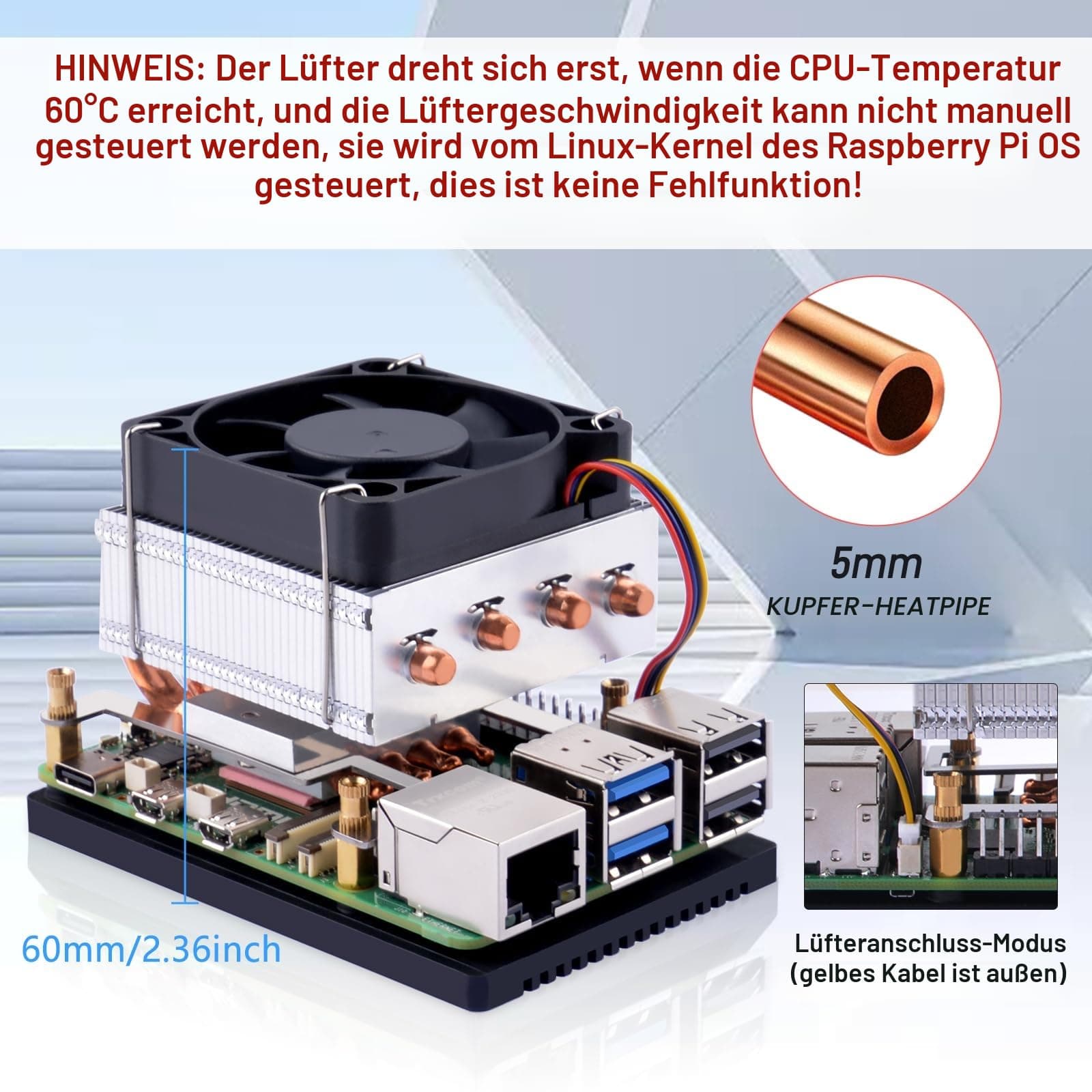 GeeekPi Low-Profile Plus CPU Kühler für Raspberry Pi 5, Pi 5 Aluminium Active Cooler mit Kühllüfter für Raspberry Pi 5 4GB/8GB/16GB Low-Profile Plus CPU Cooler Bild 7