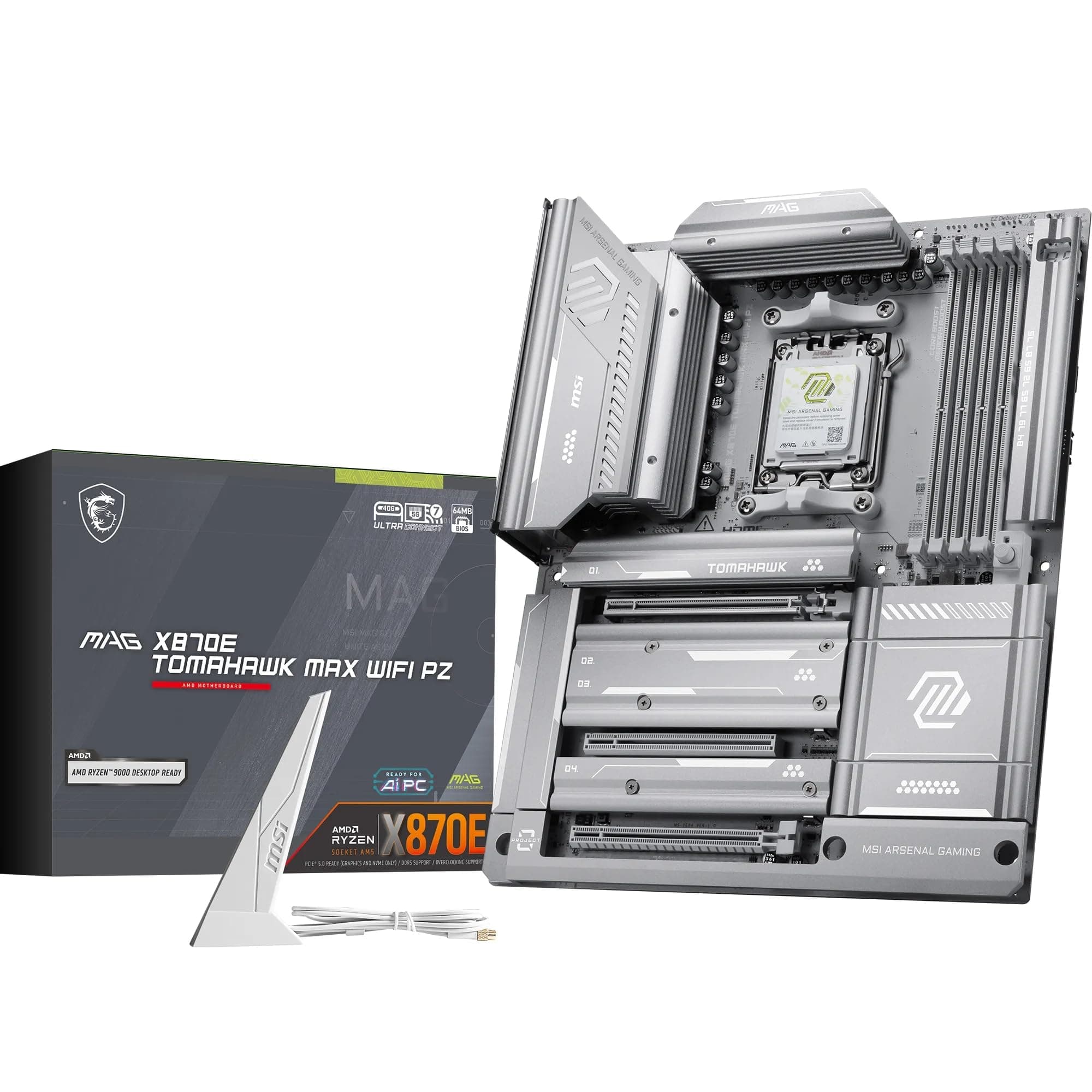 MSI MAG X870E Tomahawk MAX WiFi PZ Mainboard, ATX - Unterstützt AMD Ryzen 9000/8000 / 7000 Prozessoren, AM5 - DDR5 Memory Boost 8400+ MT/s (OC), PCIe 5.0 x16, M.2 Gen5, Wi-Fi 7, 5G LAN Bild 2