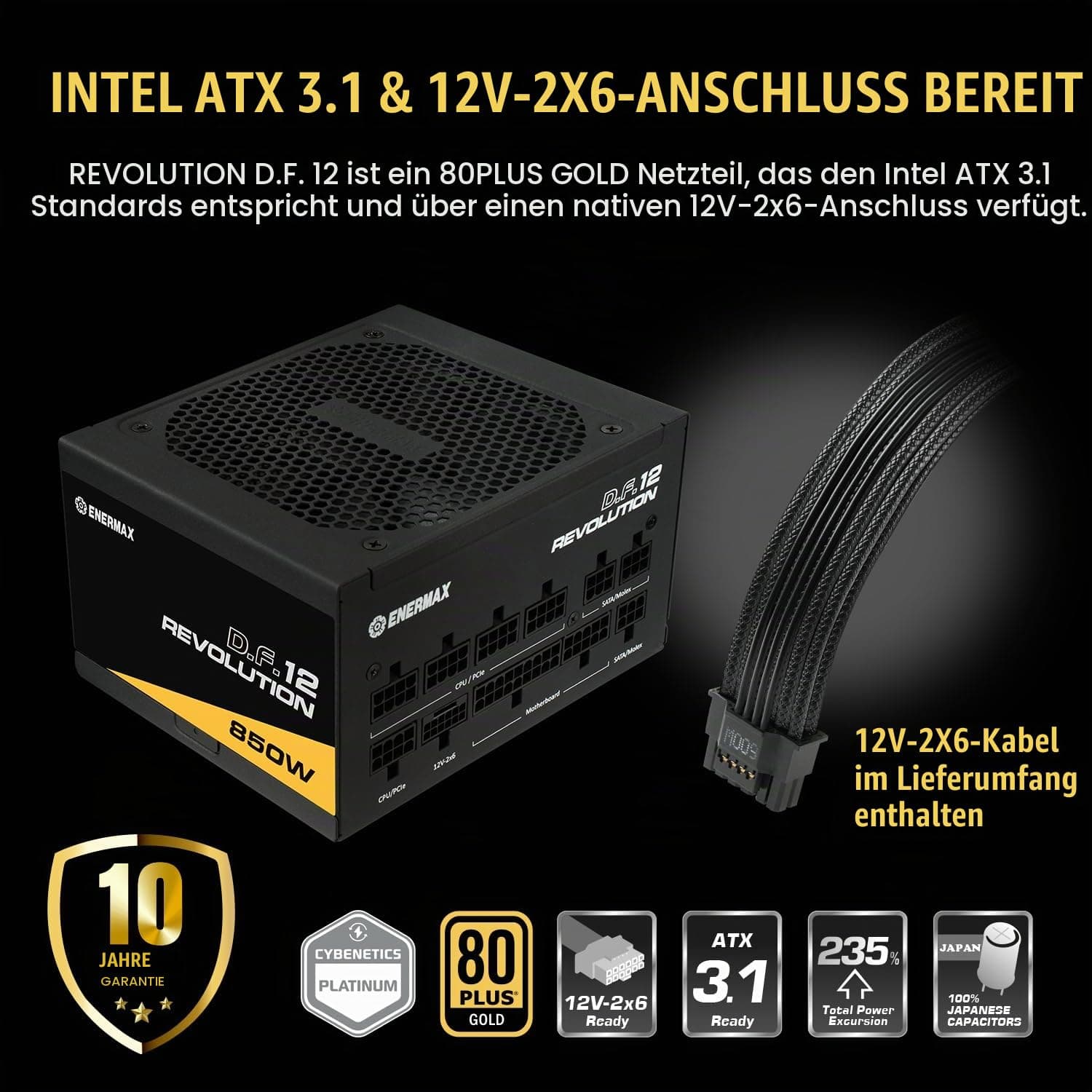 ENERMAX Revolution D.F. 12 ATX3.1 PCI-e 5.1 Ultrakompakt 850W Netzteil 80Plus Gold (Vollmodular, 50% Semi-Fanless, 12V-2x6); ETV850G, schwarz Bild 3