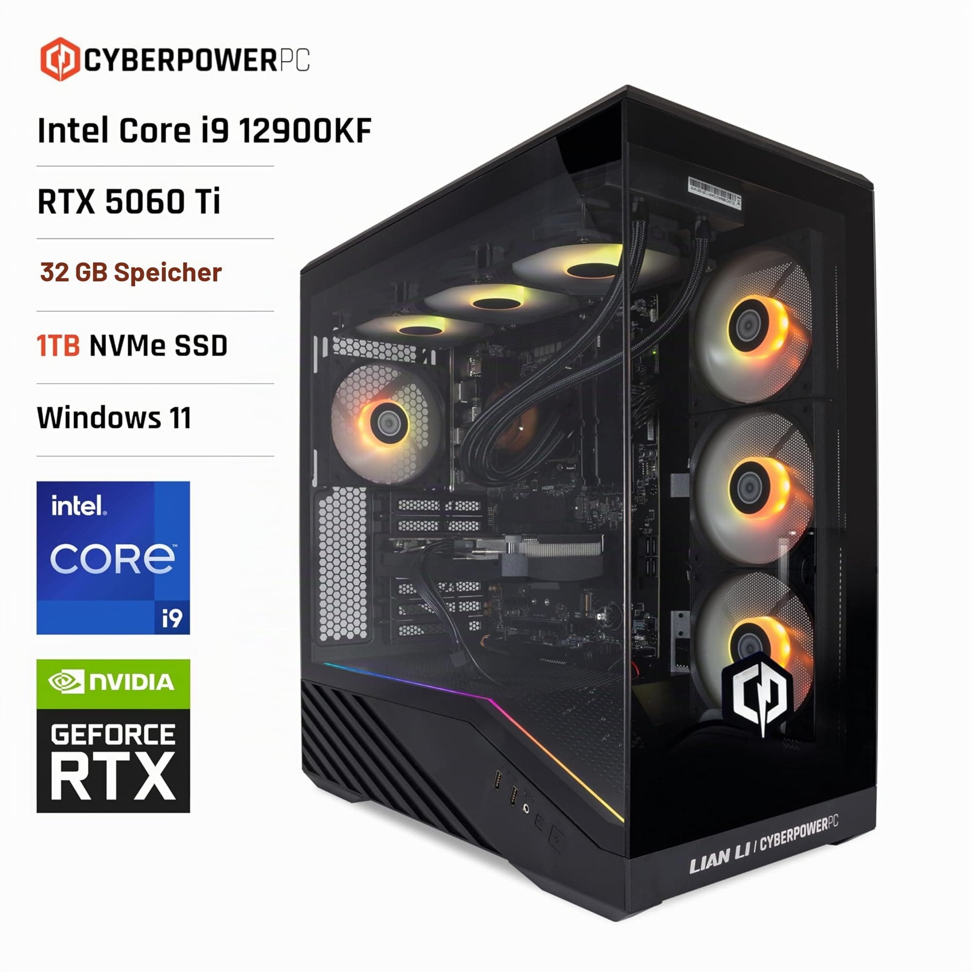 CYBERPOWERPC Luxe Gaming PC - Intel Core i9 12900KF, Nvidia RTX 5060 Ti, 32GB RAM, 1TB NVMe SSD, 750W PSU, Windows 11, Liquid Cooling, V100R Intel Core i9 12900KF Nvidia RTX 5060 Ti Bild 2