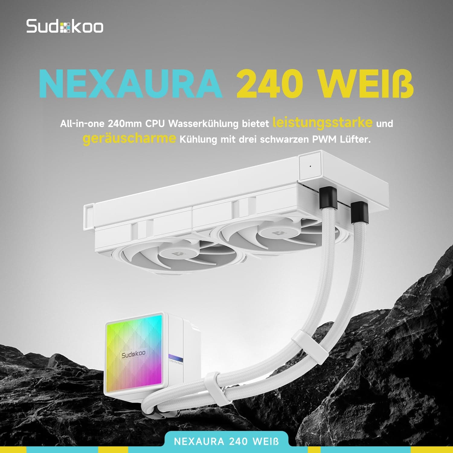 Sudokoo NEXAURA 240 WeIß CPU Wasserkühlung : AIO Wasserkühlung 240mm mit 2x FDB PWM Lüfter & ARGB PWM Pumpe van 2500–3600 RPM - CPU Kühler TDP 280W für Intel LGA 1851/1700/1200/115X & AMD AM5/AM4 Bild 3