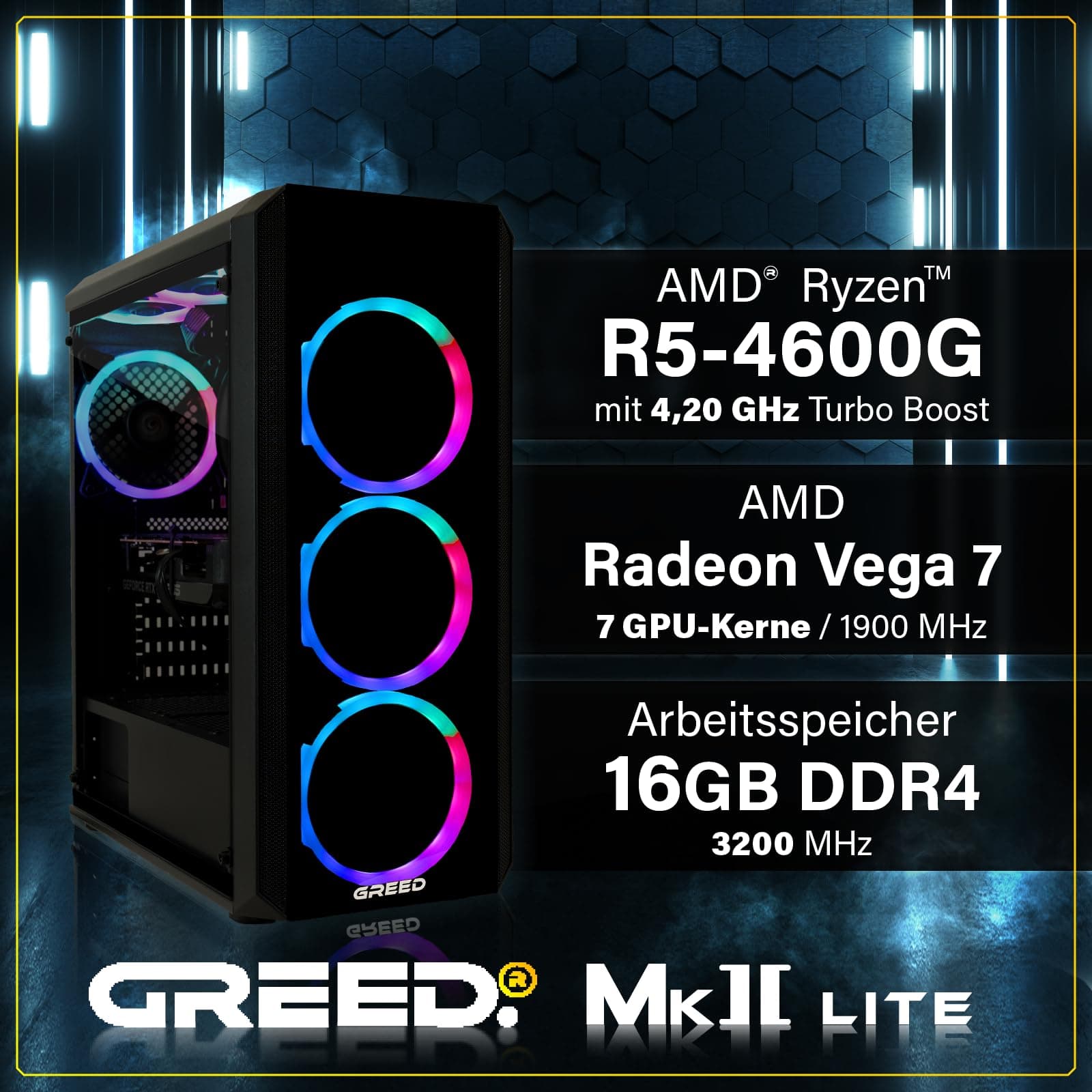 Greed® MK2 Lite - Entry Gaming PC mit AMD Ryzen 5 4600G + Radeon Vega 7 - Ultra Schneller RGB Computer + 4K Raytracing Rechner mit 4,2 GHZ - 16 GB DDR4 RAM - 512 GB SSD - WLAN + W11 Pro MK2 LITE | Entry AMD 16GB Bild 3