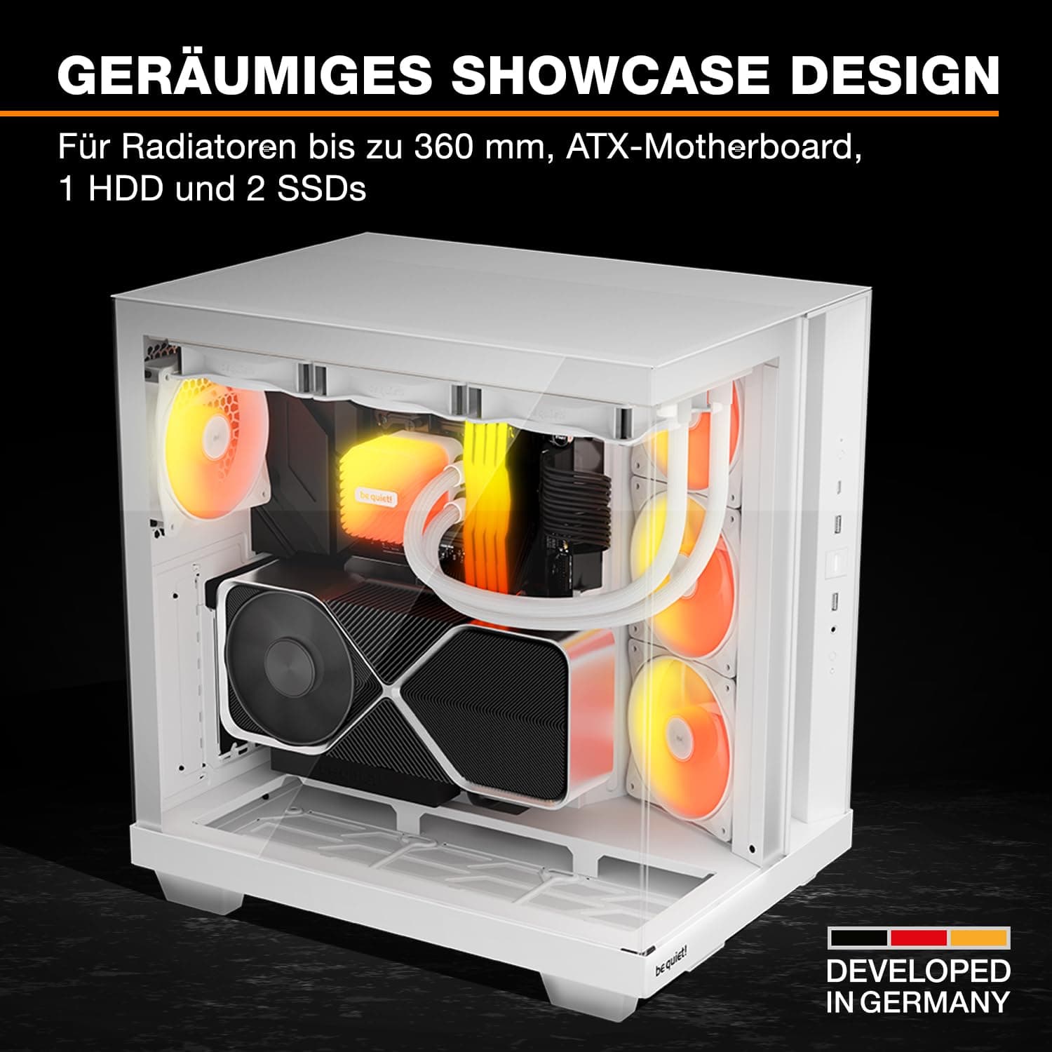 be quiet! Light Base 500 LX White PC-Gehäuse, vollständig verglaste Front- und Seitenpaneele, Show Case, Dual Chamber Design, ARGB-Lüfter-Hub, 4 Light Wings LX PWM-Lüfter rückseitiges Anschlussdesign Bild 5