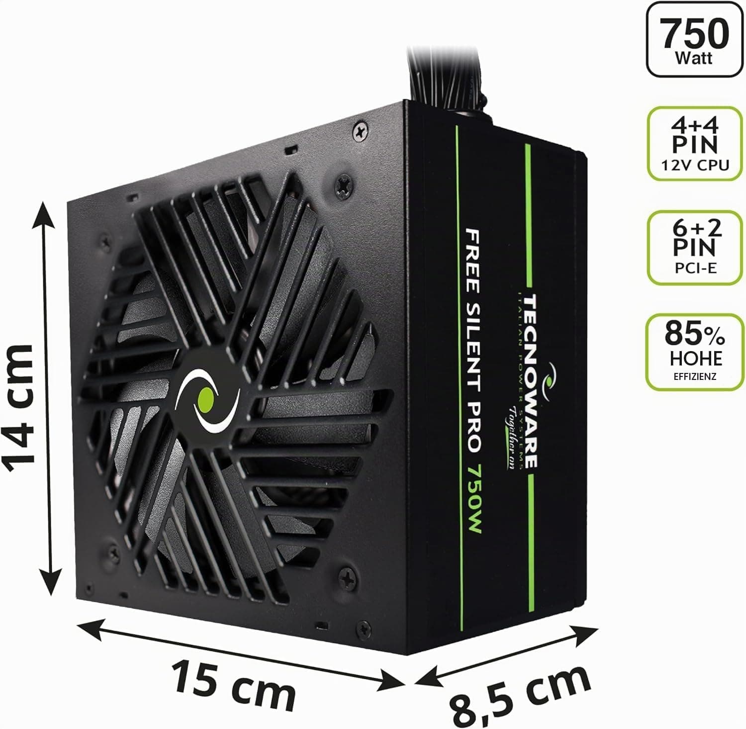 Tecnoware Power Systems Netzteil Free Silent PRO 750 für erweiterte PCs mit NVIDIA GeForce GTX - RTX Grafikkarte, leiser Lüfter, PCI-E Anschlüsse, CPU 4+4, SATA, Molex 750W ATX PCI-E Bild 3
