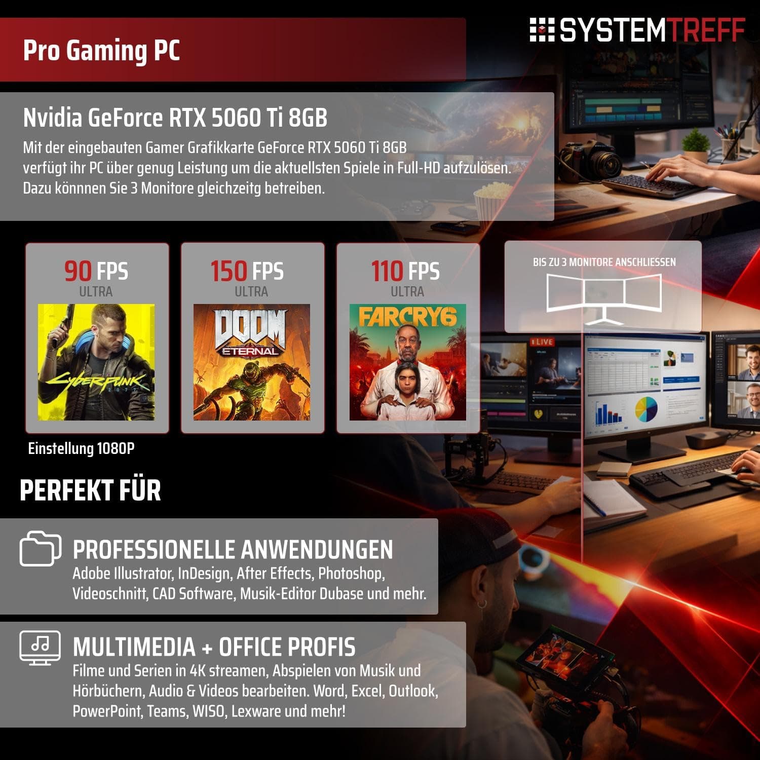 SYSTEMTREFF Gaming PC AMD Ryzen 7 5700X 8x4.6GHz | Nvidia RTX 5060 Ti 8GB DX12 | 1TB M.2 NVMe | 32GB DDR4 RAM | Windows 11 | WLAN Desktop Computer Rechner für Gamer, Zocker & Streamer Bild 5