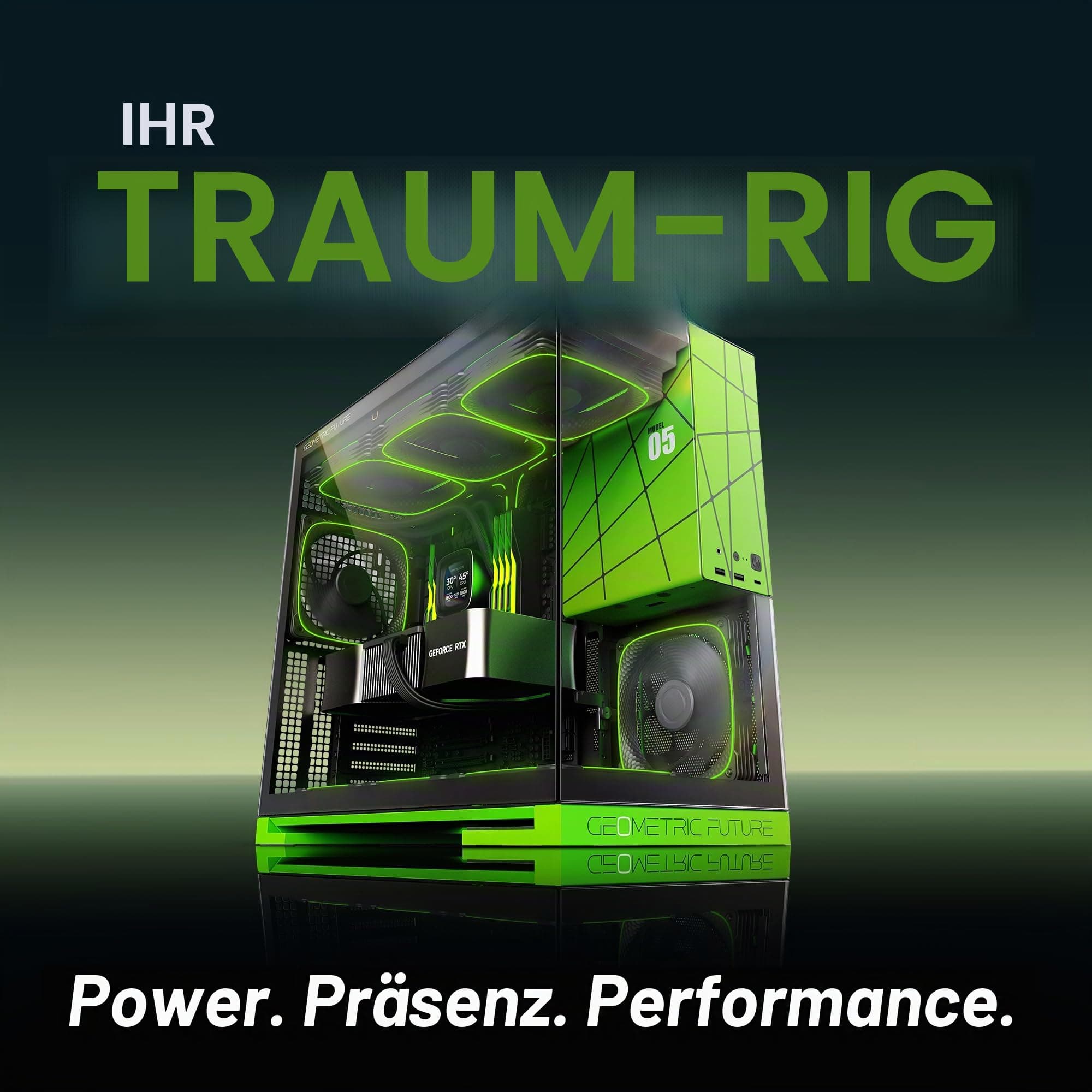 Geometric Future M5 Tempered Glass Mid Tower, E-ATX/ATX Gaming Case, 1.2mm Steel, Type C, Toolless Panels, Support 420/360 Radiator, Dual-Chamber, Black/Green, GEO-M5-BNY schwarz/grün Glass ver Bild 3