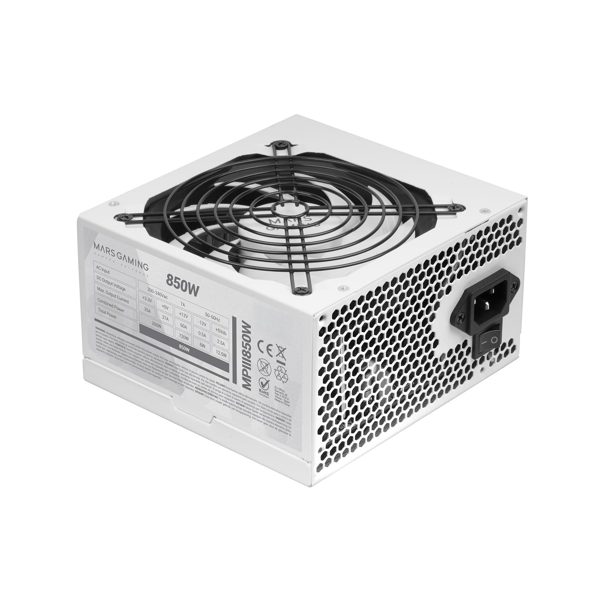 Mars Gaming MPIII850, PC-Netzteil ATX 850W, 5 Jahre Garantie, 85% Effizienz, Digitales APFC-System, 120mm FDB-Lüfter mit AI-RPM, DC-DC- und SMD-Technologien, Extra Lange Flachkabel, Weiß MPIII850W