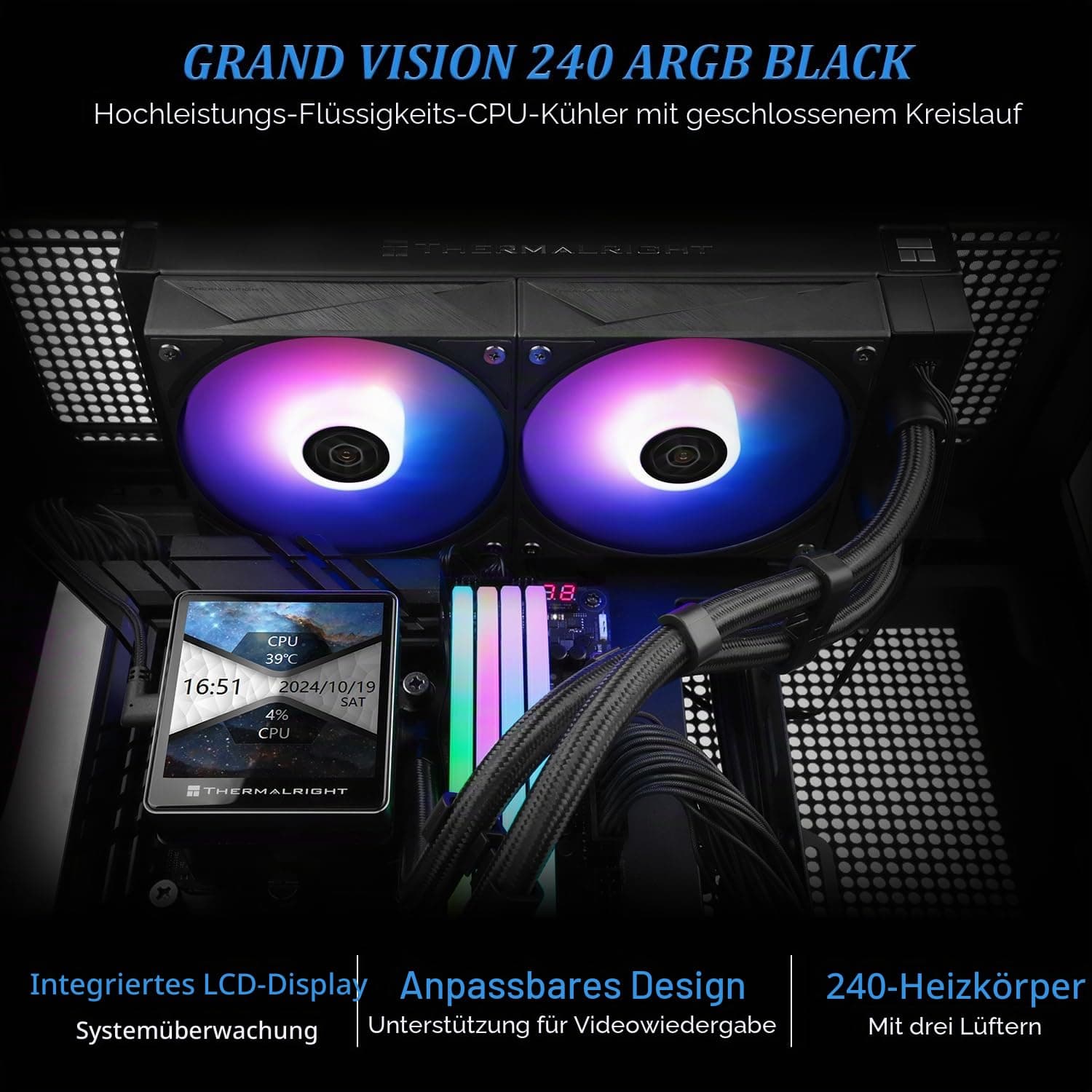 TR Grand Vision 240 ARGB Black AIO CPU Liquid Cooler, IPS LCD Screen mit 480 x 480 Auflösung, für AM5/LGA1851/1700, 3,4 Zoll (8,9 cm), magnetisch-absorbierender LCD-Bildschirm für Bilder – lackiert Bild 5