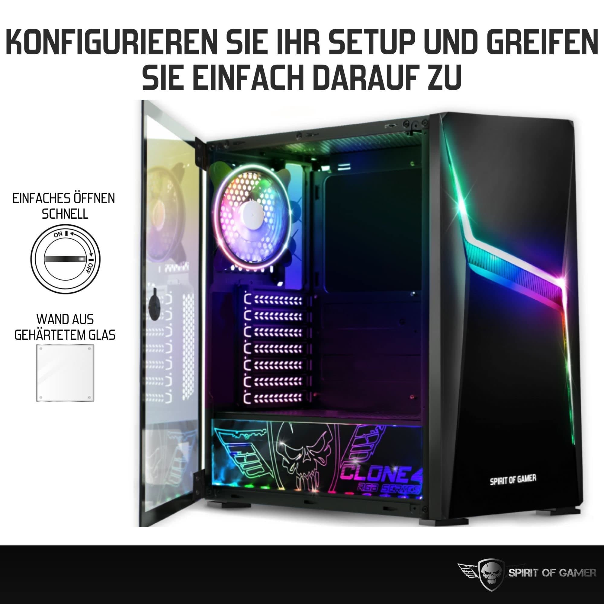 SPIRIT OF GAMER - CLONE 4 - PC Gehäuse RGB mit Durchsichtiger Wand Aus Gehärtetem Glas - Erstellen Sie Ihren Gaming PC - Tower Mittel Kompatibel ATX/MATX/ITX - 2 Lüfter Adressierbar 120mm Enthalten Bild 7