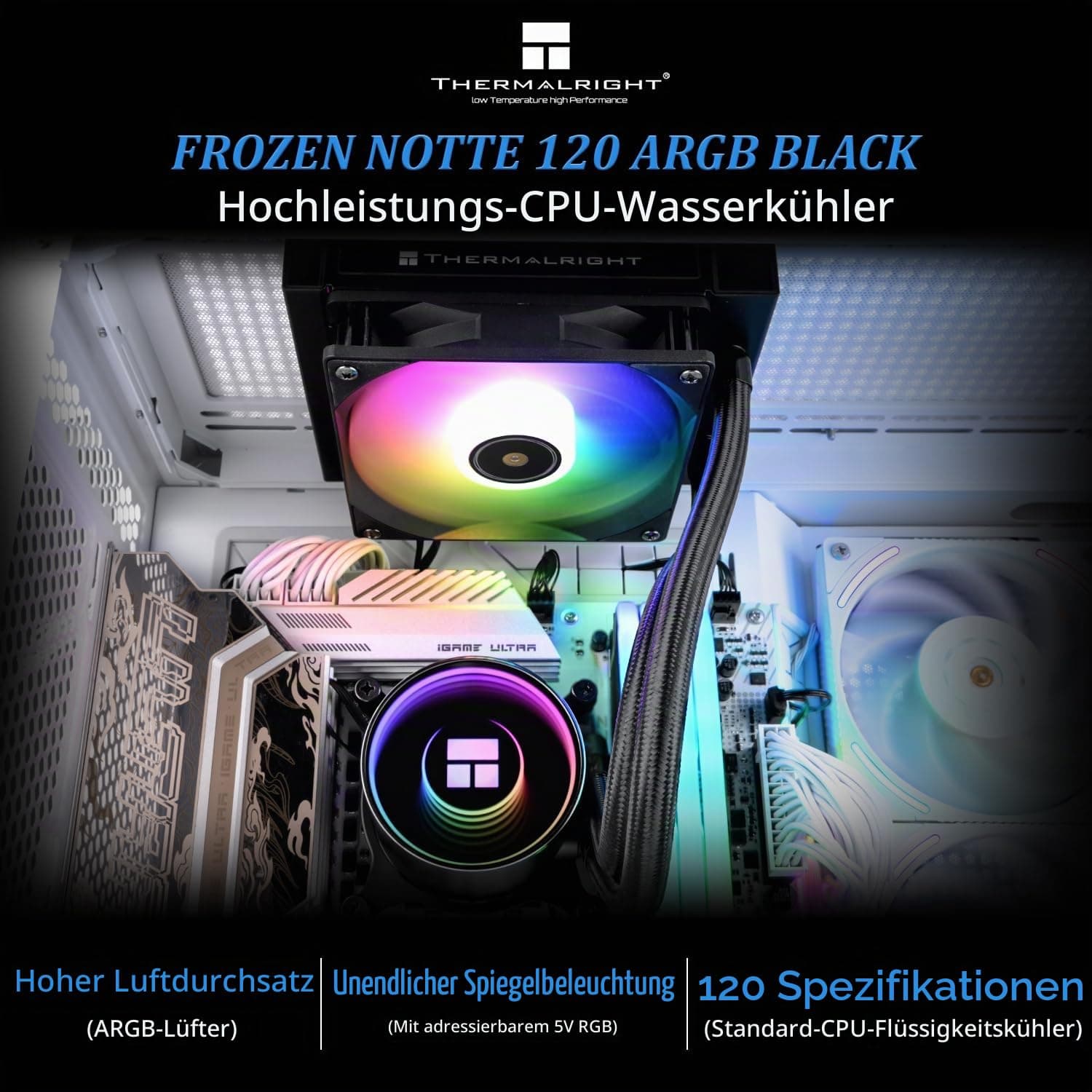 Thermalright Frozen Notte 120 ARGB Black CPU Wasserkühler, CPU Wasserkühlung, ARGB Kaltkopf, Geeignet für AMD:AM4/AM5,Intel LGA 1700/1851/1150/1151/1200 120mm Black Bild 3