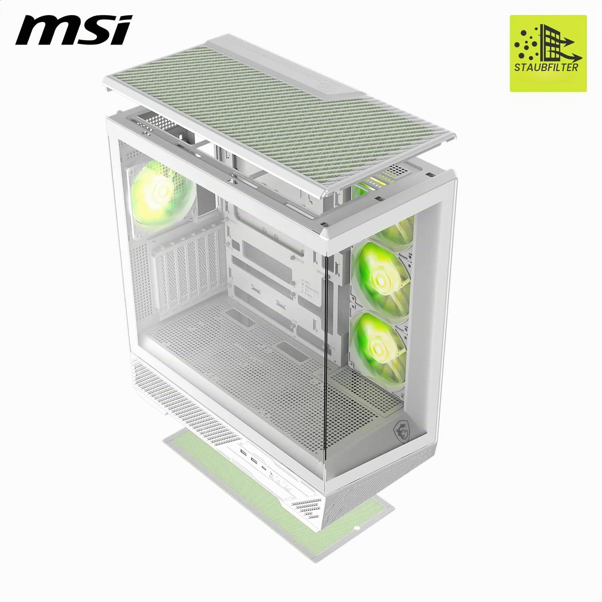 MSI MAG PANO 130R PZ Weiß - Mid-Tower-Gaming-PC-Gehäuse - Unterstützt GPUs bis zu 400 mm Länge, abnehmbare Staubfilter, USB 20Gbps (Typ-C), Back-Connect ATX & Micro-ATX Mainboard-Unterstützung Bild 5