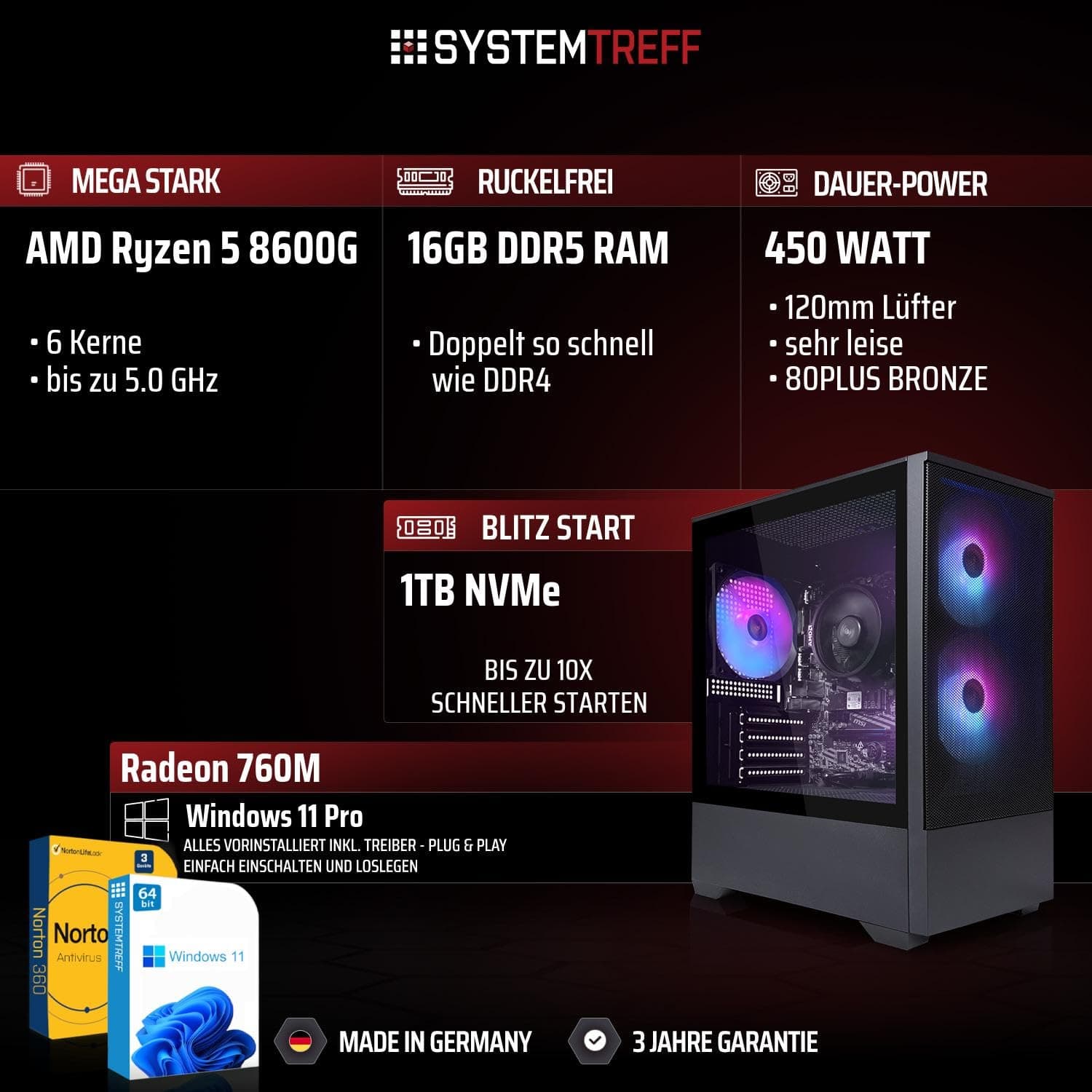 SYSTEMTREFF Basic Gaming PC AMD Ryzen 5 8600G 6x5GHz | Radeon 760M 4K HDMI DX12 | 1TB M.2 NVMe | 16GB DDR5 RAM | Windows 11 | WLAN Desktop Computer Rechner für Gamer, Zocker Bild 2