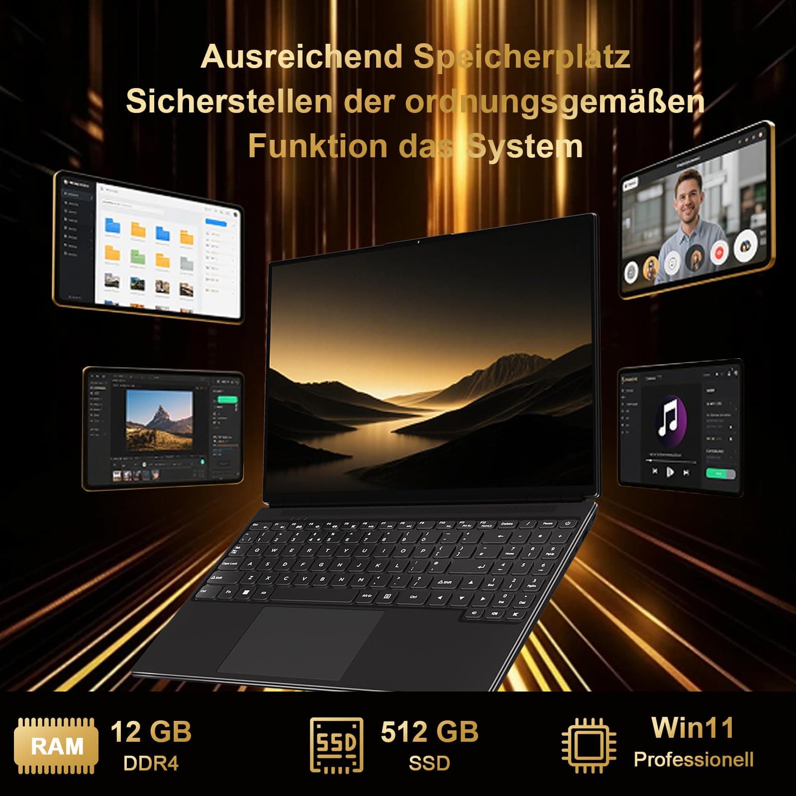 Gaming Laptop 16 Zoll Win11 12+512GB SSD Unterstützung 2TB(HDD-2TB) 1920x1200 Notebook 4-Core Celeron N5095 (bis 2.9GHz) Laptop mit Nummerntastatur WiFi Mini HDMI Deutscher Tastaturschutz-Schwarz N00-Schwarz Bild 5