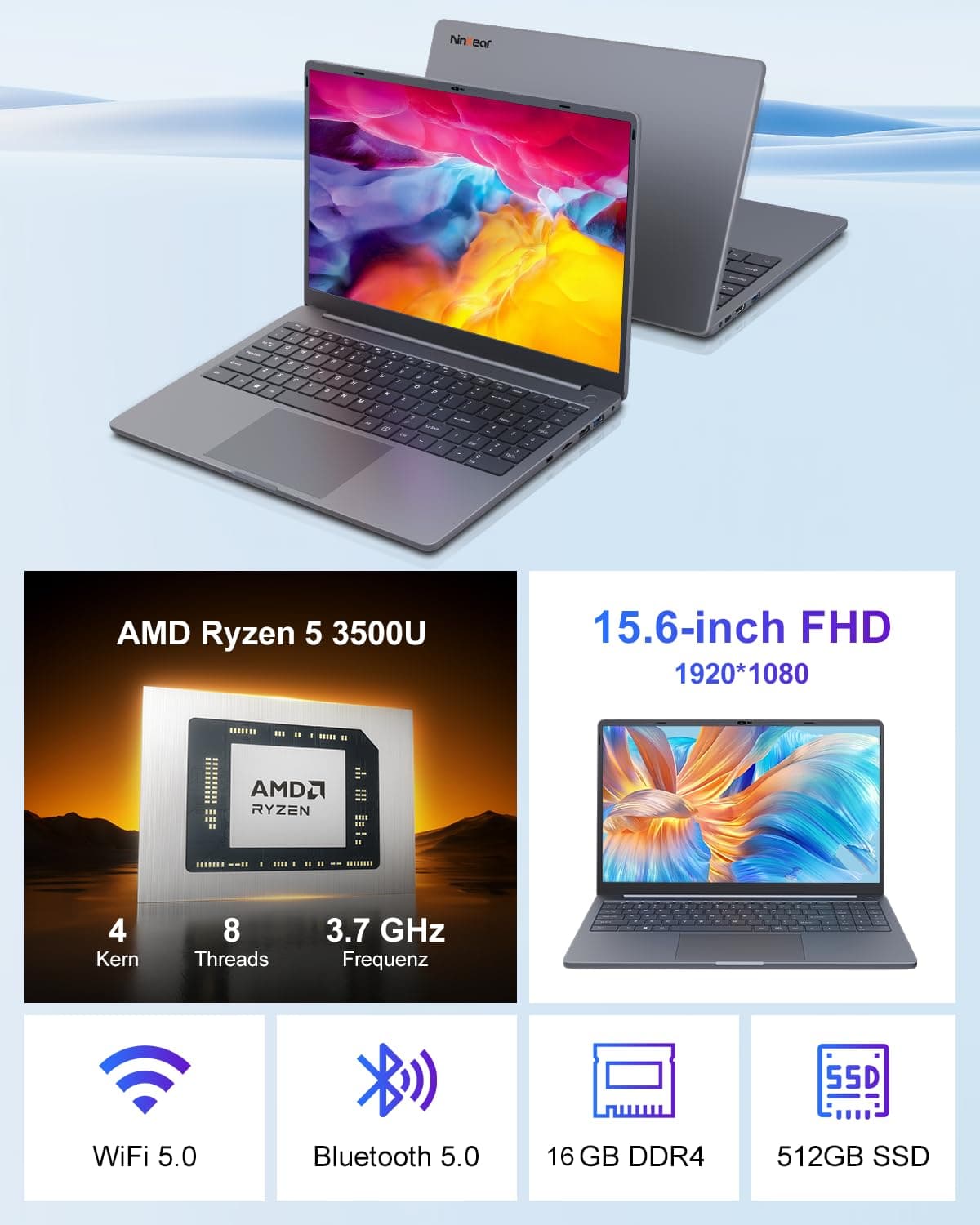 Ninkear A15 Ultradünn Laptop, AMD Ryzen 5 3500U, 16GB DDR4, 512GB SSD, 15.6" Ultragroß Display, WiFi 5 & BT 5.2, Lange Arbeitszeiten Ausreichende Schnittstellen Laptop – Für Arbeit & Treffen Silber A Bild 2