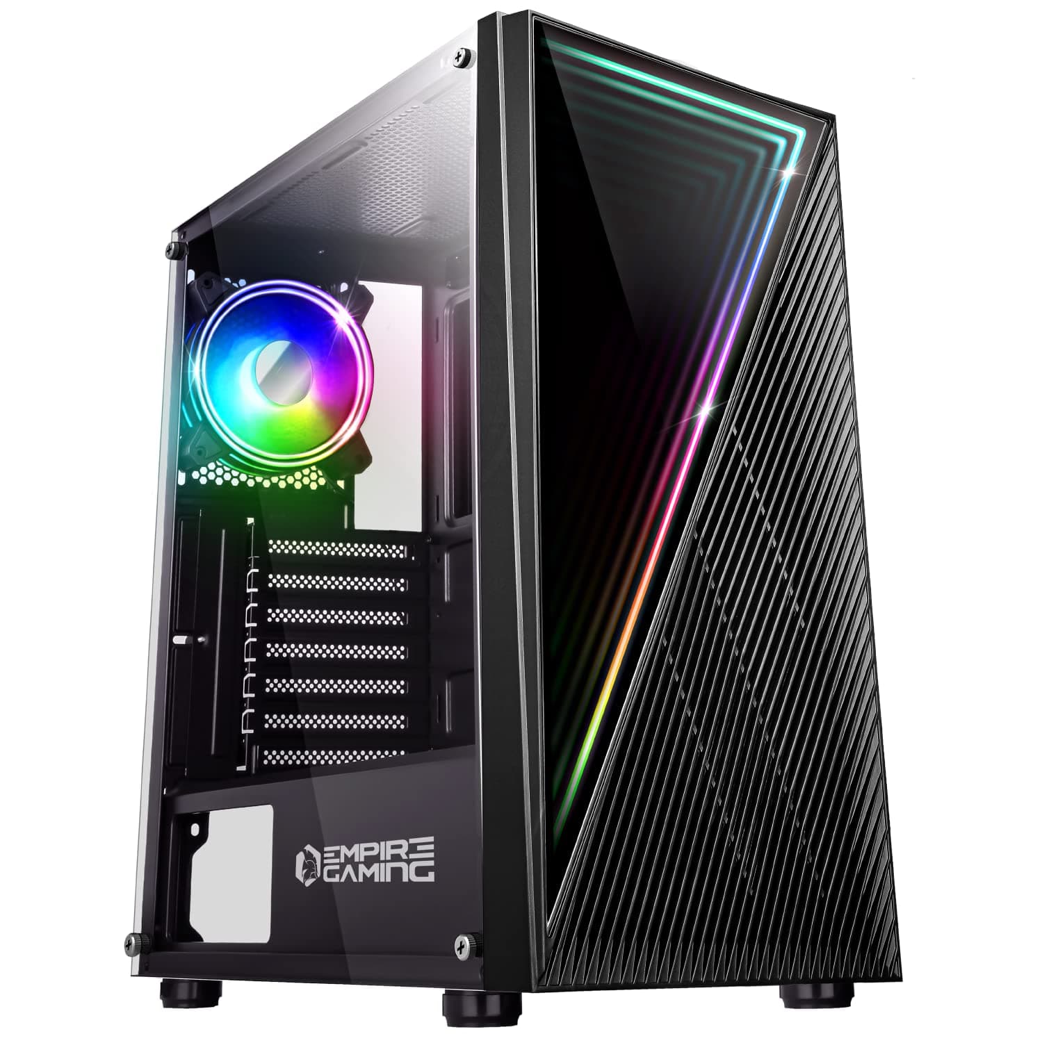 EMPIRE GAMING – PC-Gehäuse Gamer Crystal – ARGB Mittelgroßer Tower ATX, Micro ATX und ITX – 3D-Spiegel-Effekt – Lüfter RGB adressierbar 1 x 120 mm 3 Pin/ 5 Volt LEDs und 1 x 120 mm Standard – Schwarz
