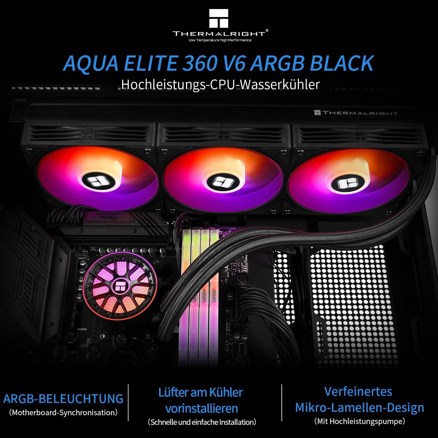 Thermalright AQUA ELITE 360 V6 ARGB Black CPU Flüssigkeitskühler, 360 Kühlreihengröße, 3x120mm Wasserradiator, AMD: AM4/AM5, Intel LGA115X/1200/1700/1851, AIO CPU Kühler 360mm Black Bild 2
