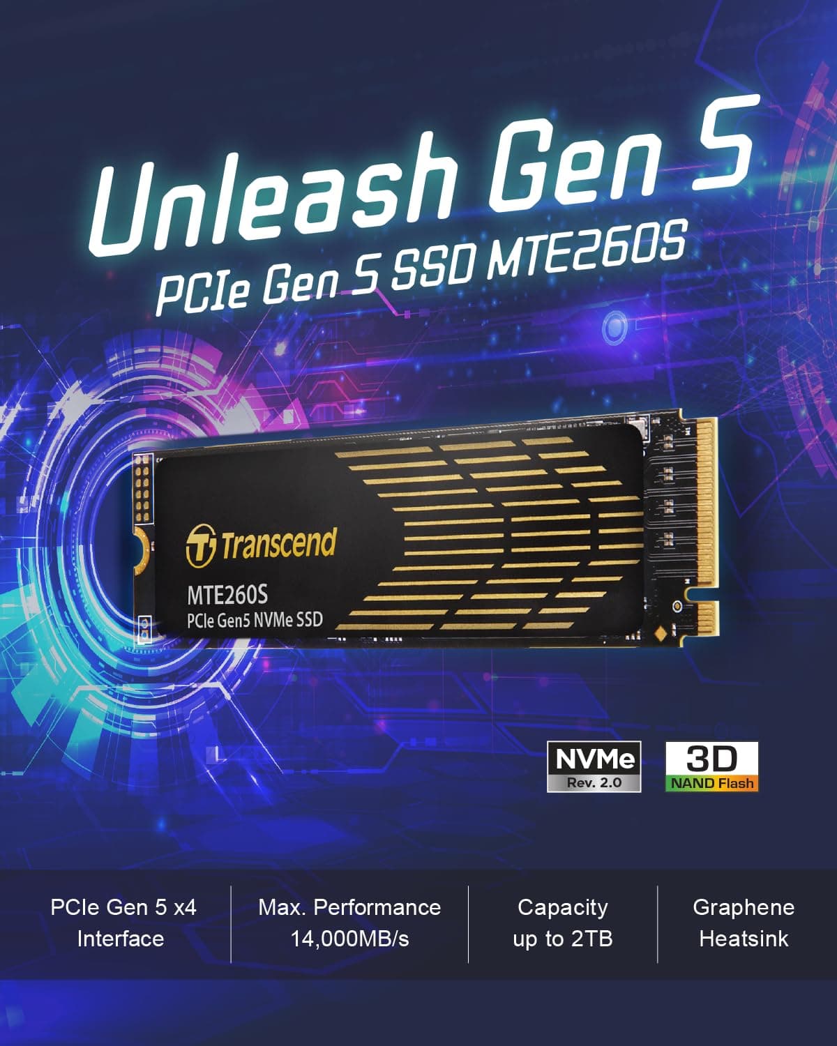 Transcend 4TB Gen5 SSD mit Kühlkörper, bis zu 14.500MB/s, Speichererweiterung für PS5-Konsolen, kompatibel mit Desktops/Laptops, M.2 2280 PCIe 5.0 NVMe Gen5x4 interne Solid State Festplatte, 3D TLC Bild 3