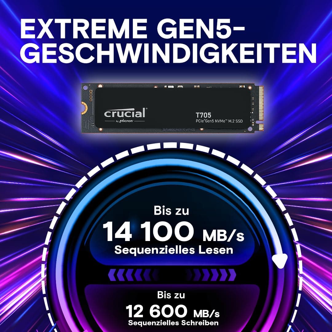 Crucial T705 4TB SSD PCIe Gen5 NVMe M.2, bis zu 14.100MB/s, Microsoft DirectStorage, PCIe 4.0 abwärtskompatibel, Interne Solid State Drive - CT4000T705SSD3 4TB ohne Kühlkörper T705 (bis zu 14,500MB/s) Bild 3