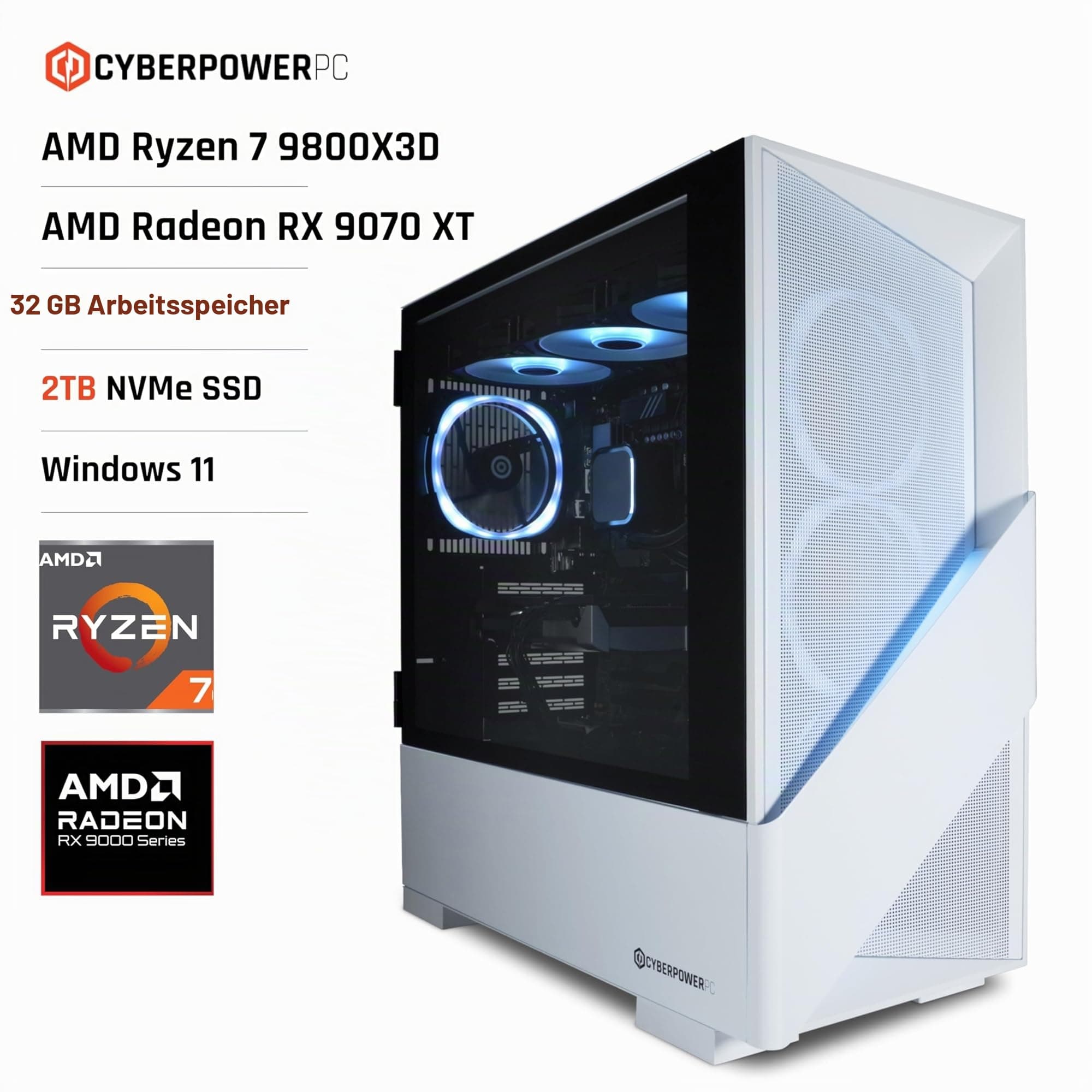 CYBERPOWERPC Luxe Gaming PC - AMD Ryzen 7 9800X3D, AMD RX 9070 XT, 32GB RAM, 2TB NVMe SSD, 750W PSU, Windows 11, Liquid Cooling, Amethyst 360M Airflow White AMD Ryzen 7 9800X3D , White Case AMD RX 9070 XT Bild 2