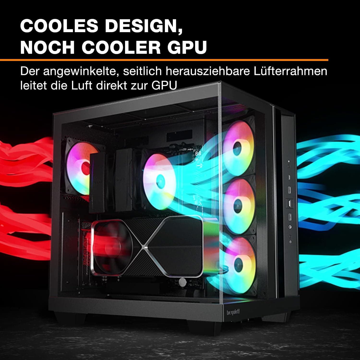 be quiet! Light Base 500 LX Black PC-Gehäuse, vollständig verglaste Front- und Seitenpaneele, Show Case, Dual Chamber Design, ARGB-Lüfter-Hub, 4 Light Wings LX PWM-Lüfter, rückseitiges Anschlussdesign Bild 4
