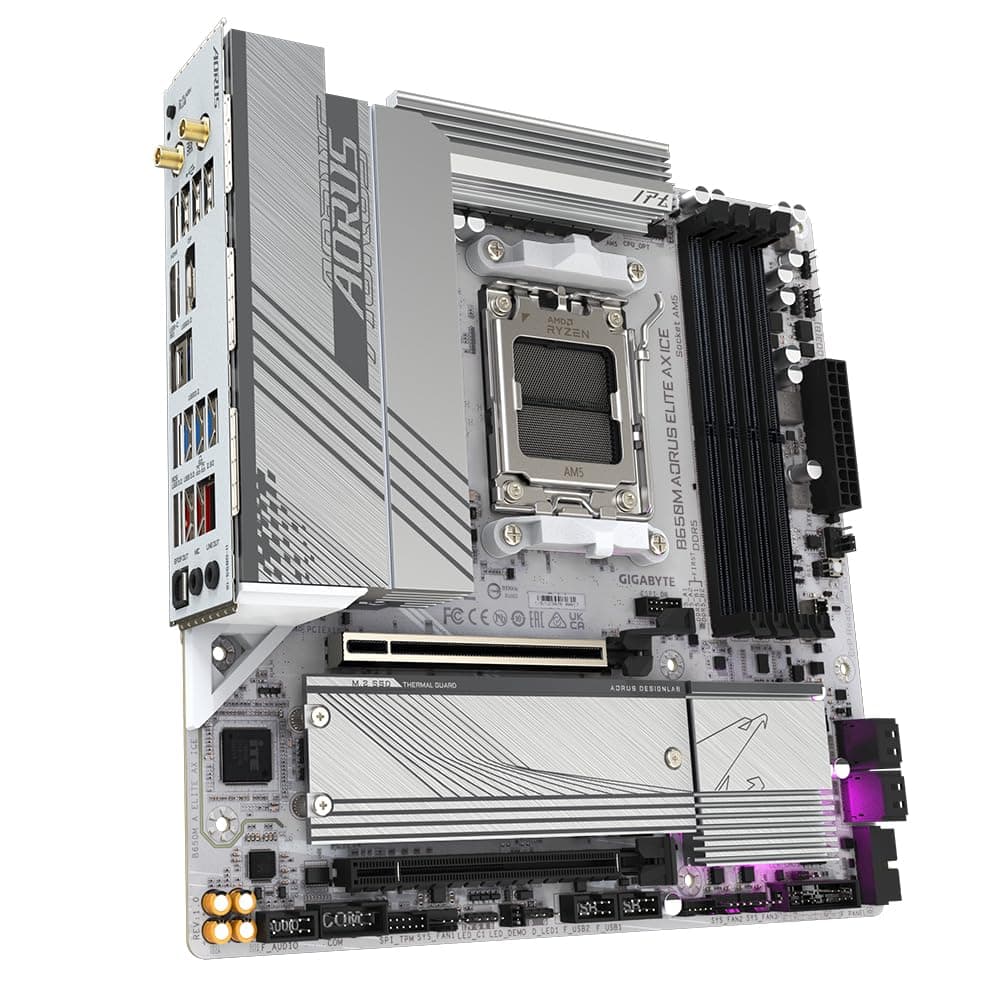 GIGABYTE B650M AORUS Elite AX Ice Mainboard - AMD Ryzen 9000er-Serie, 12+2+2 Phasen VRM, bis zu 8000 MHz DDR5 (OC), 1xPCIe 5.0 + 1xPCIe 4.0 M.2, 2,5 GbE LAN, WiFi 6E, USB 3.2 Gen 2x2 Bild 5