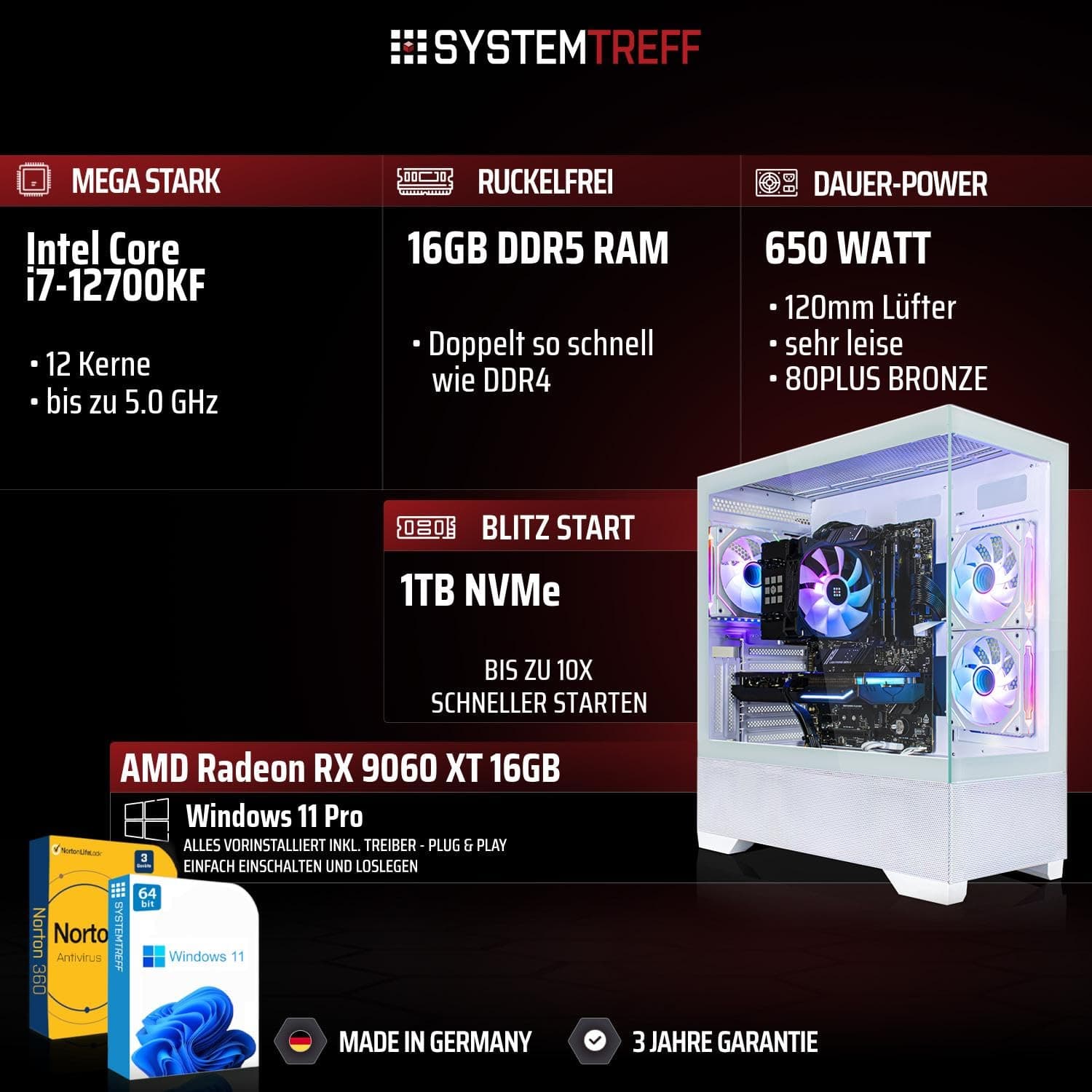 SYSTEMTREFF Gaming PC weiß Intel Core i7-12700KF 8x5GHz | AMD Radeon RX 9060 XT 16GB DX12 | 1TB M.2 NVMe | 16GB DDR5 RAM | Windows 11 | WLAN Desktop Computer Rechner für Gamer, Zocker & Streamer Bild 2