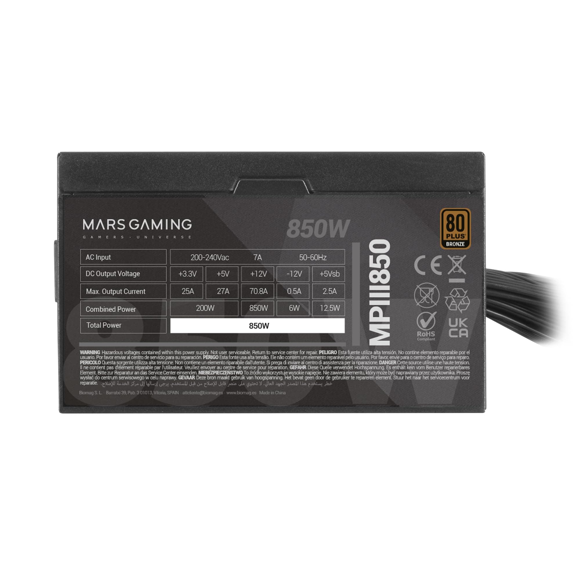 Mars Gaming MPIII850, PC-Netzteil ATX 850W, 5 Jahre Garantie, 85% Effizienz, Digitales APFC-System, 120 mm FDB-Lüfter mit AI-RPM, DC und SMD-Technologie, Extra Lange Flachkabel, Schwarz Bild 8