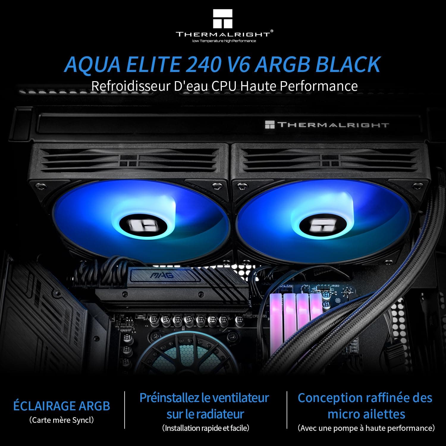 Thermalright AQUA ELITE 240 V6 ARGB Black CPU Flüssigkeitskühler, 240 Kühlreihengröße, 2x120mm Wasserradiator, AMD: AM4/AM5, Intel LGA115X/1200/1700/1851, AIO CPU Kühler Bild 3
